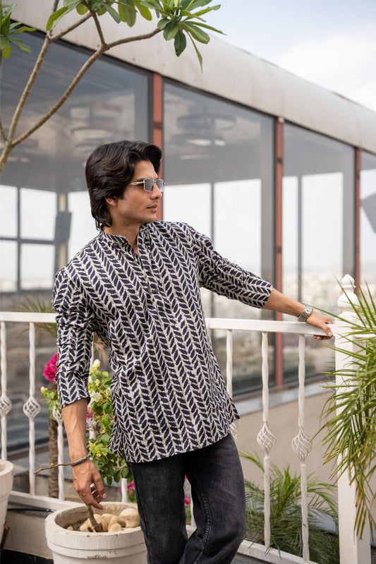 The Black Petal Stripe Print Short Kurta