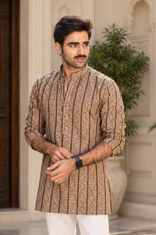 The Charcoal Tribal Stripe Mid Thigh Kurta