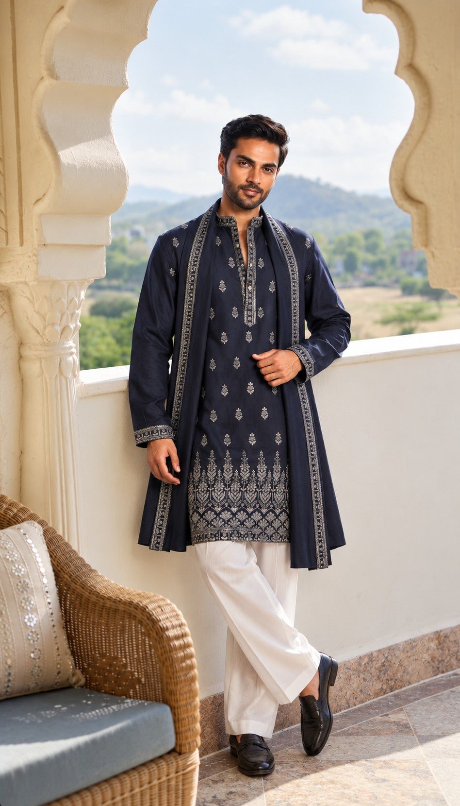 Navy Blue Vine Embroidery Kurta With Dupatta