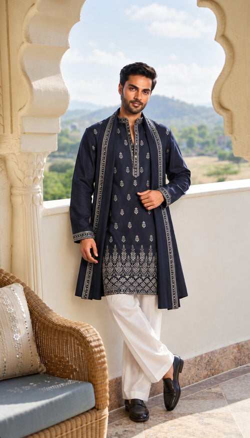 Navy Blue Vine Embroidery Kurta With Dupatta