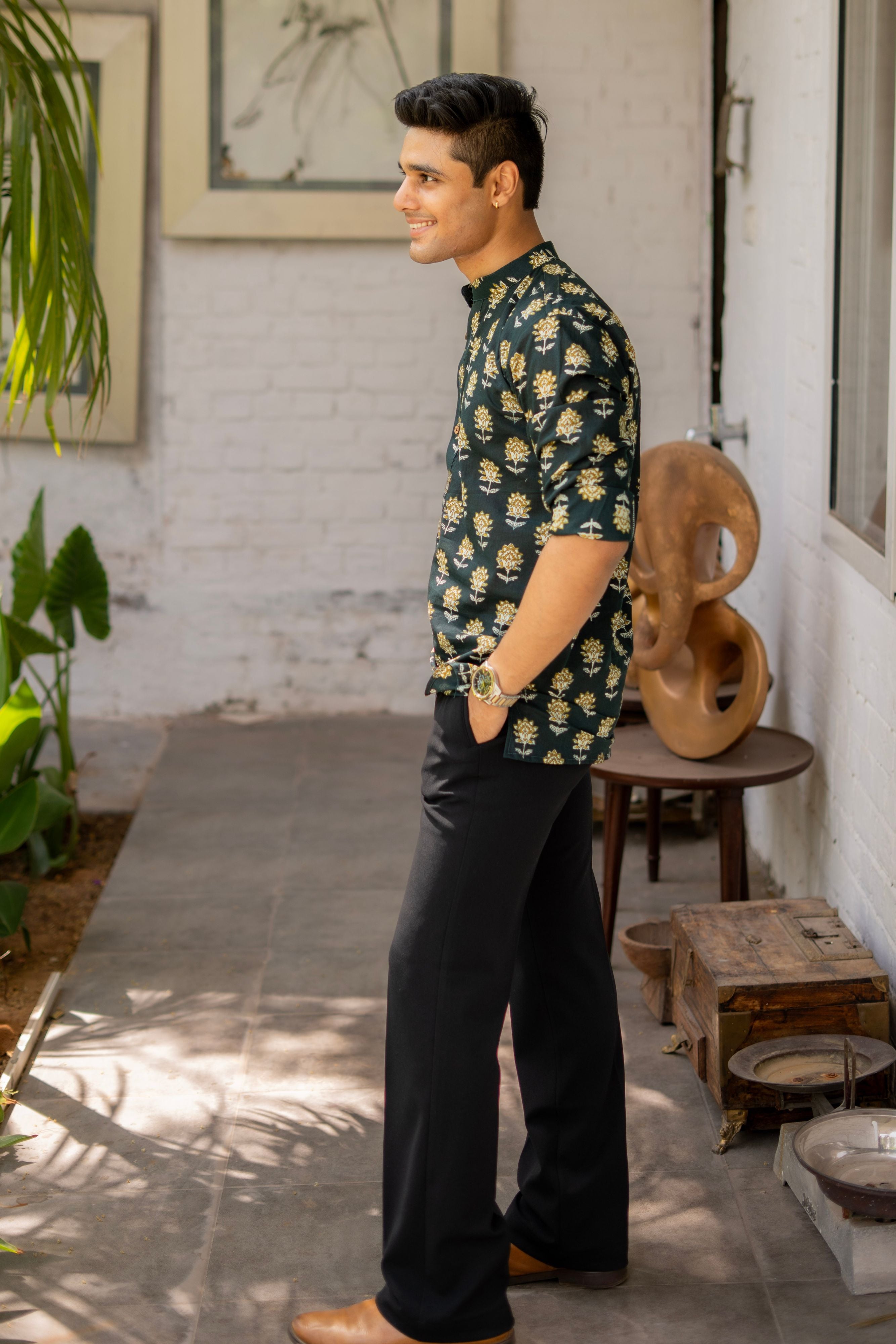 The Castle Green Short Kurta with Yellow and White Flower Print