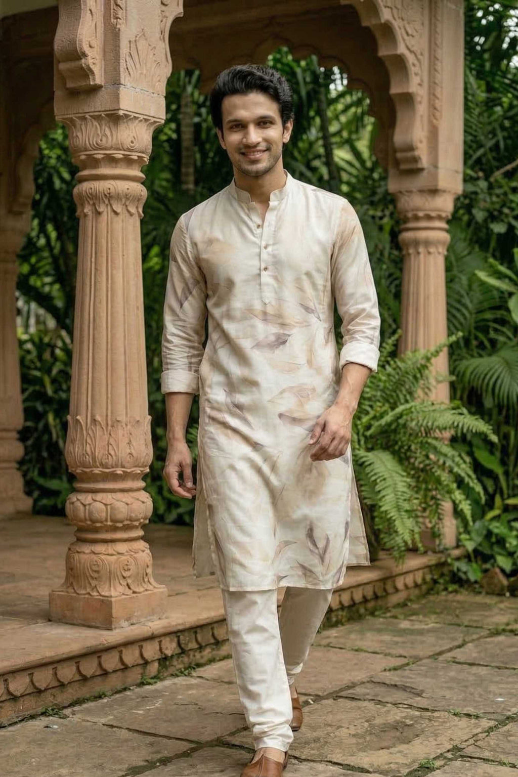 The Ivory Artistic Leaf Print Long Kurta