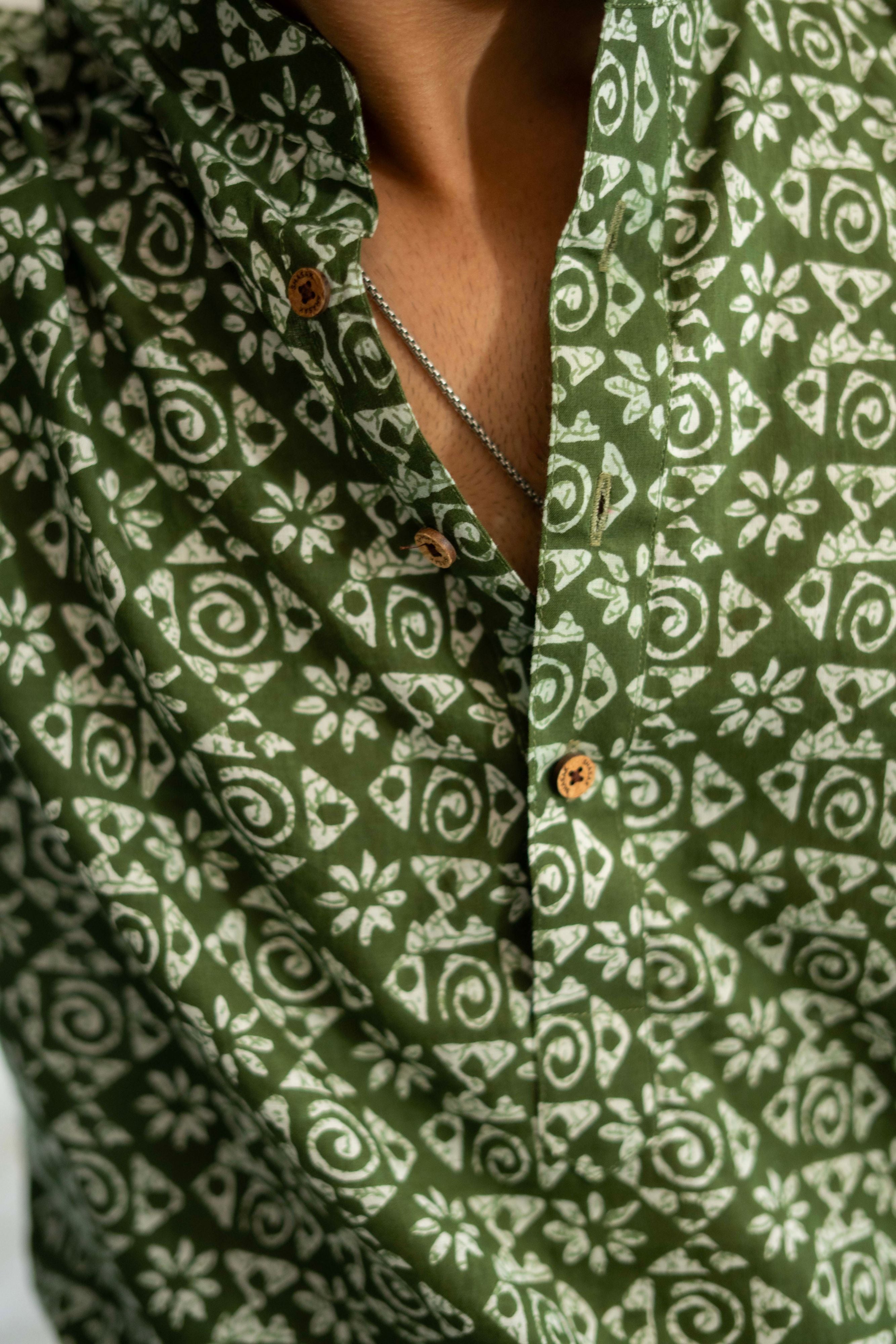 close-up view of tribal print short kurta with tribal print.
