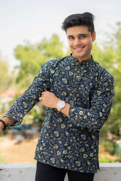 The Yale Blue Short Kurta With Floral Batik Print