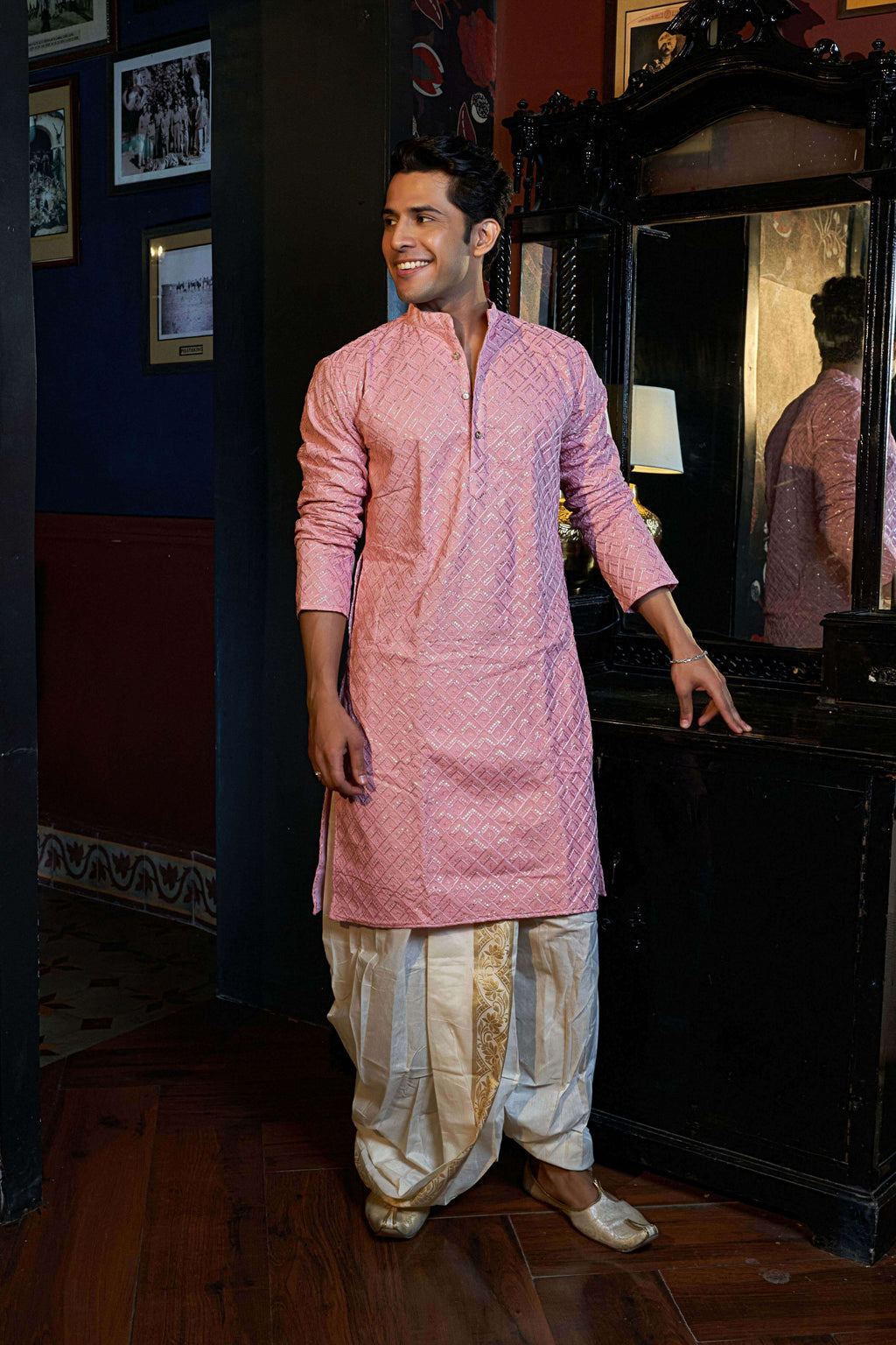 The Pink Long Kurta With Geometric Embroidery and Sequins Work