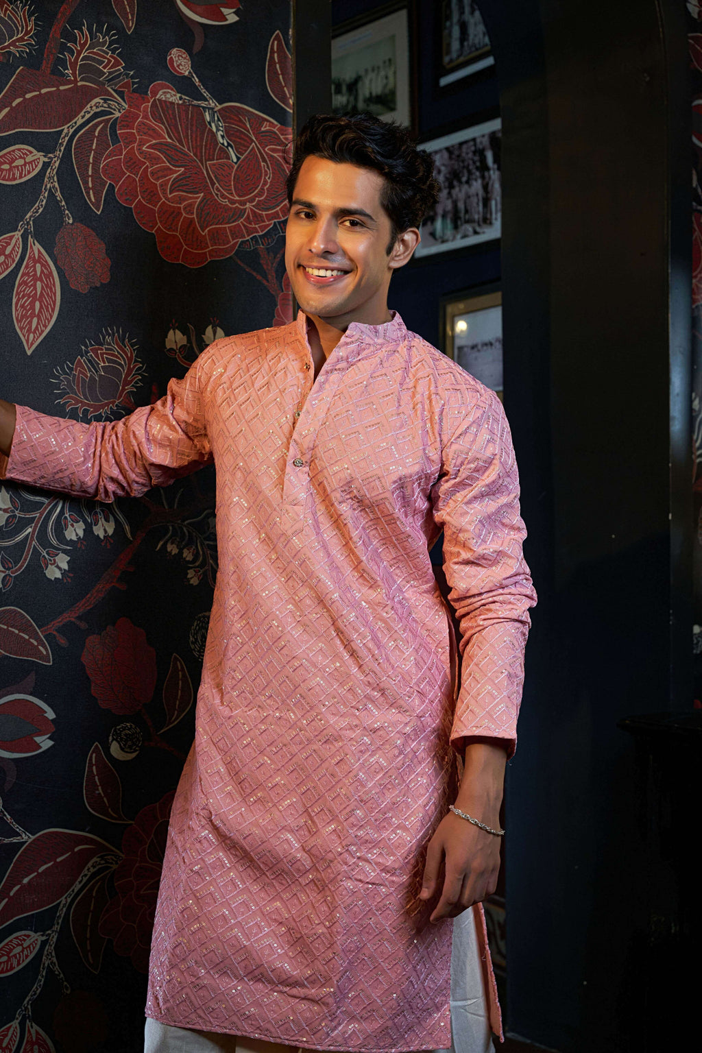The Pink Long Kurta With Geometric Embroidery and Sequins Work