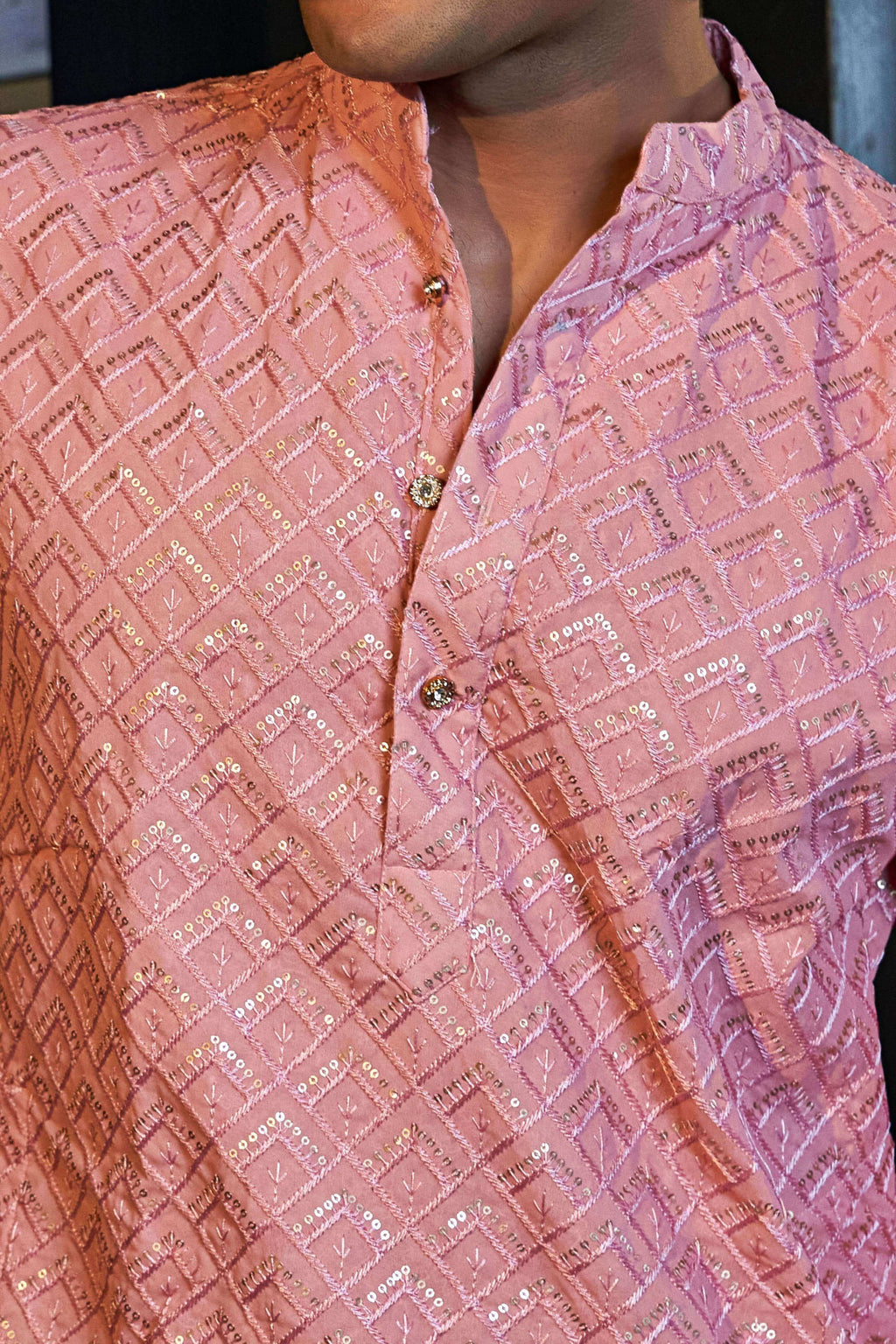 The Pink Long Kurta With Geometric Embroidery and Sequins Work