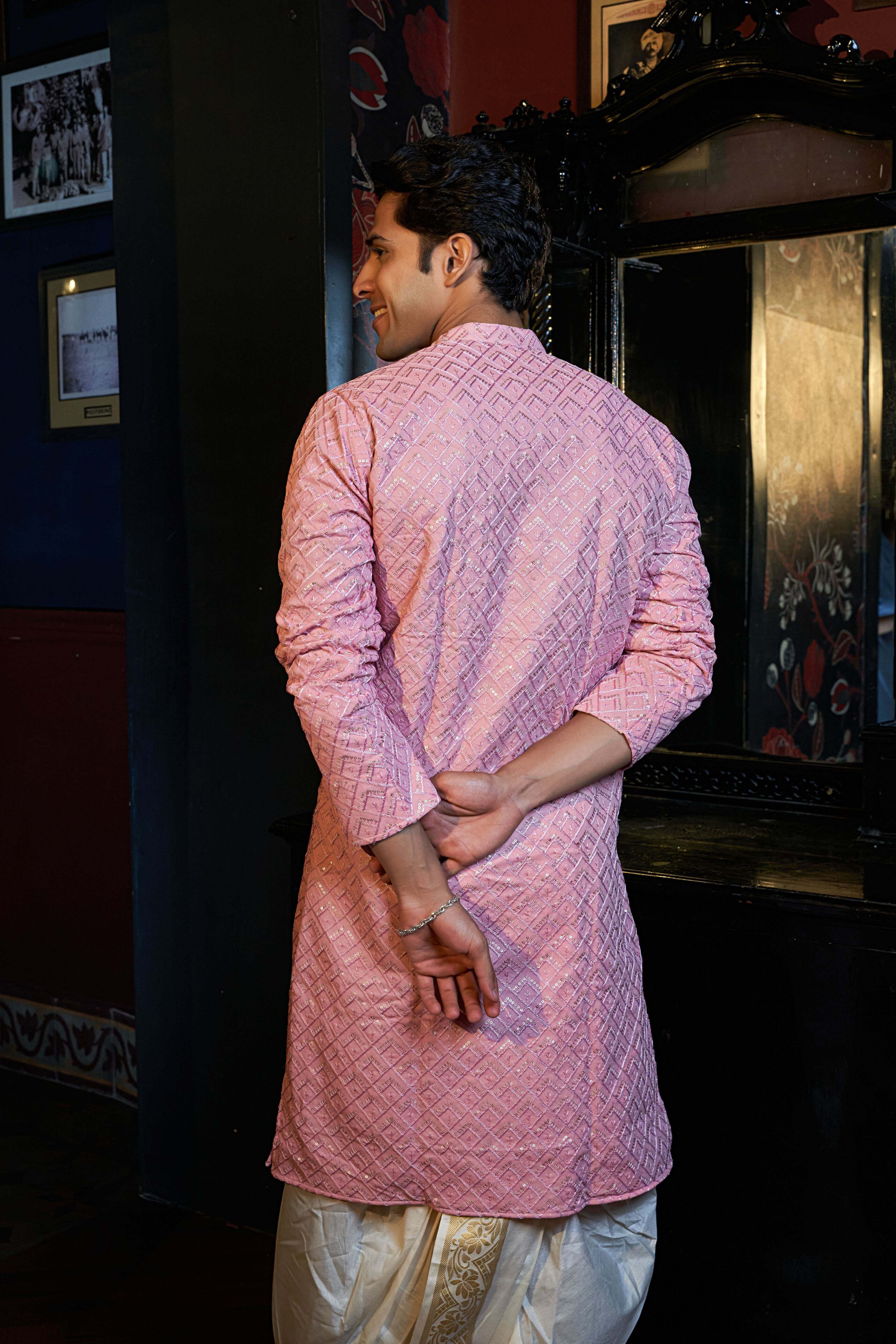 The Pink Long Kurta With Geometric Embroidery and Sequins Work