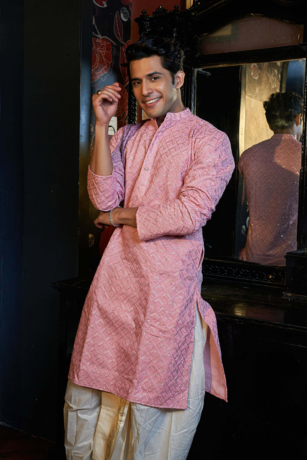 The Pink Long Kurta With Geometric Embroidery and Sequins Work