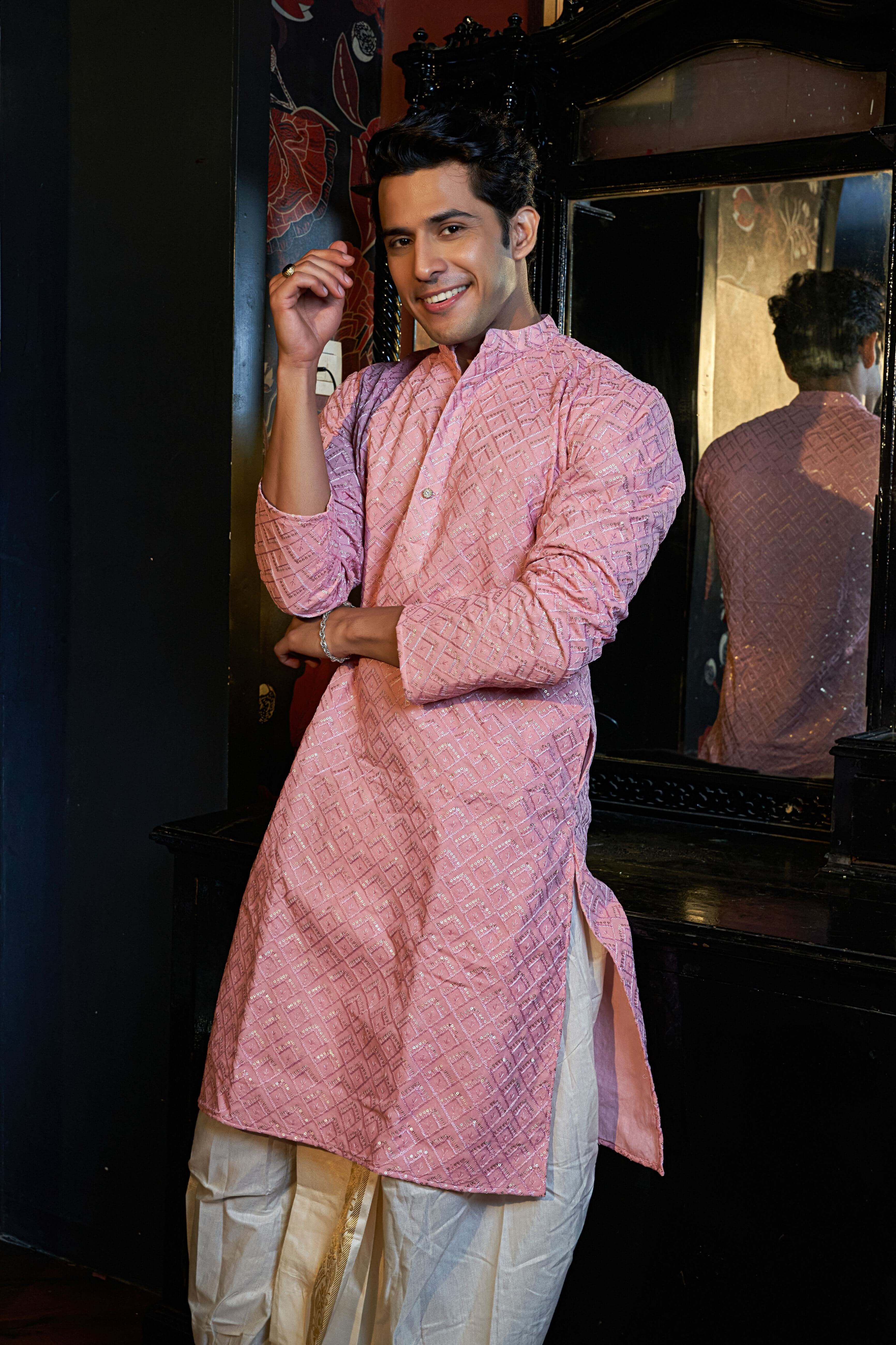 The Pink Long Kurta With Geometric Embroidery and Sequins Work