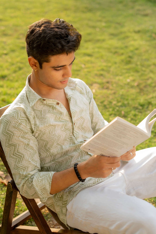 The White Kantha Work Shirt with Basil Green Zig Zag Print