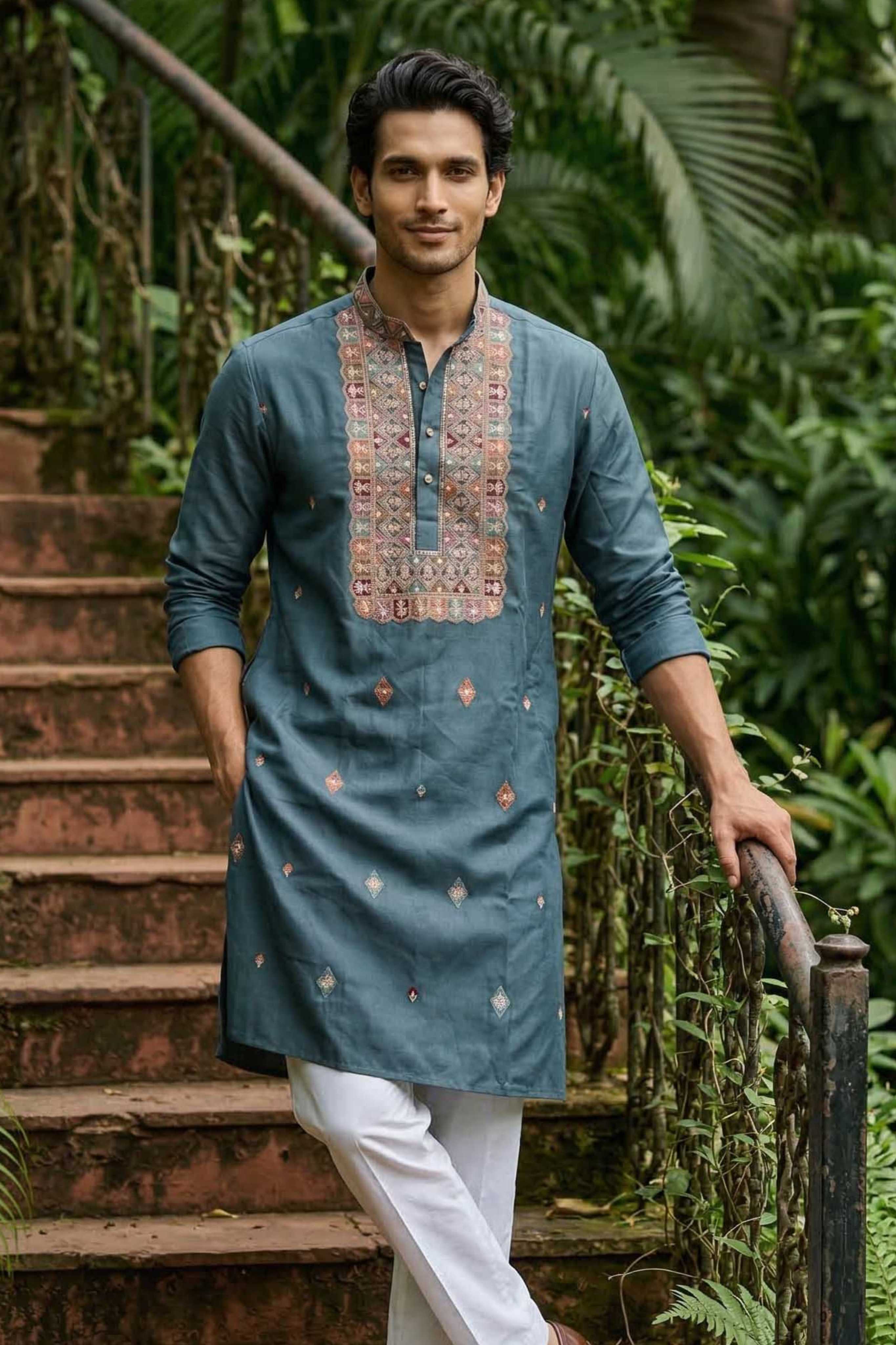 The Teal Blue Silk Blend Long Kurta with Artisanal Neck Embroidery