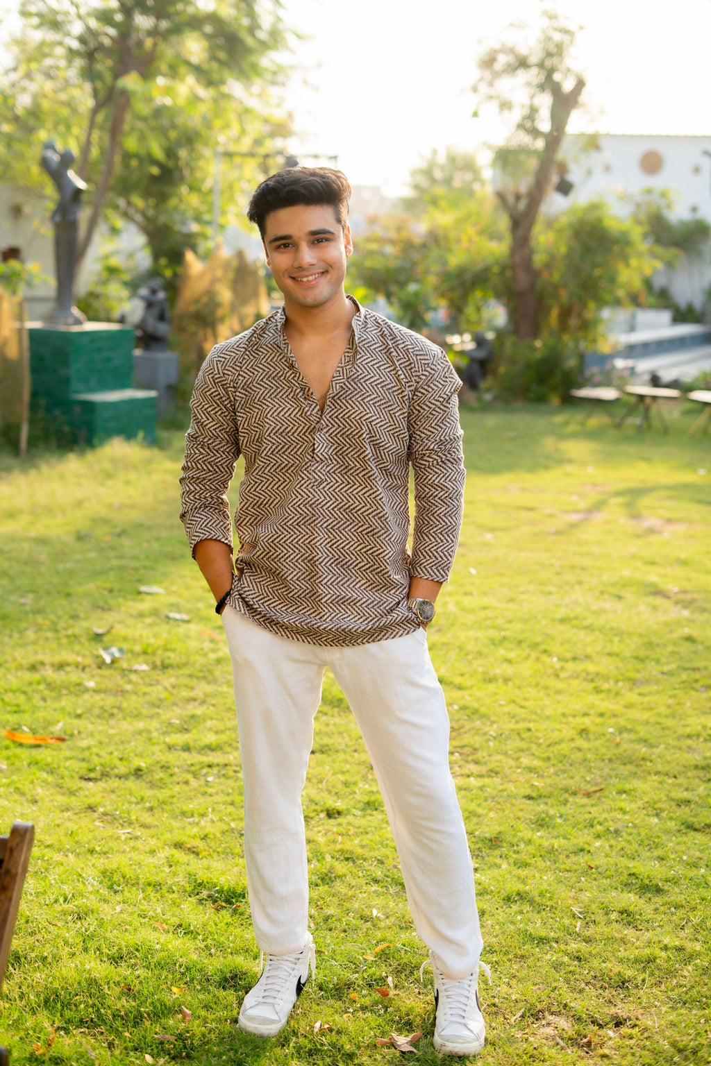 The Light Grey Kantha Work Short Kurta with Cedar Color Zig Zag Print