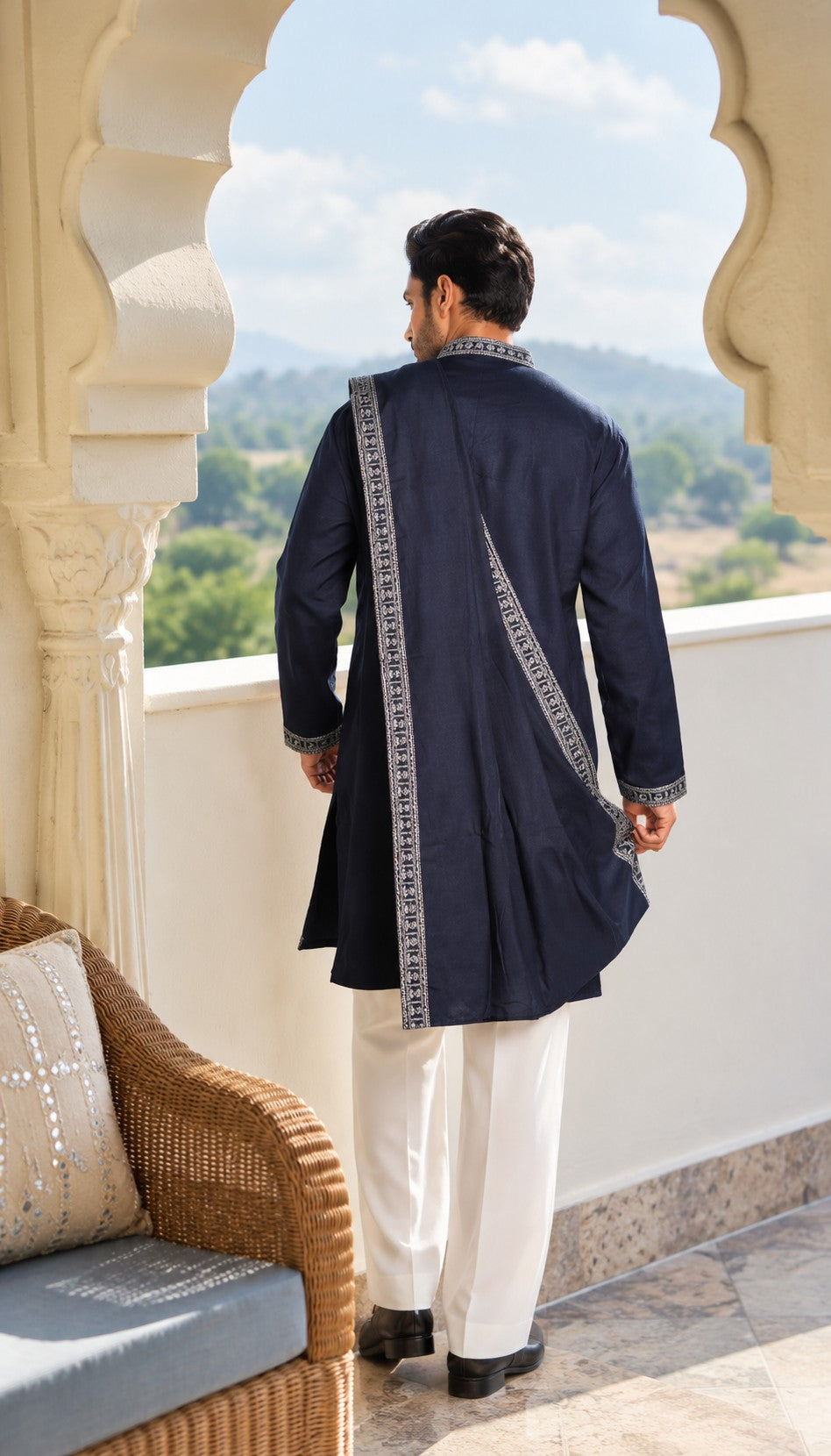 Navy Blue Vine Embroidery Kurta With Dupatta
