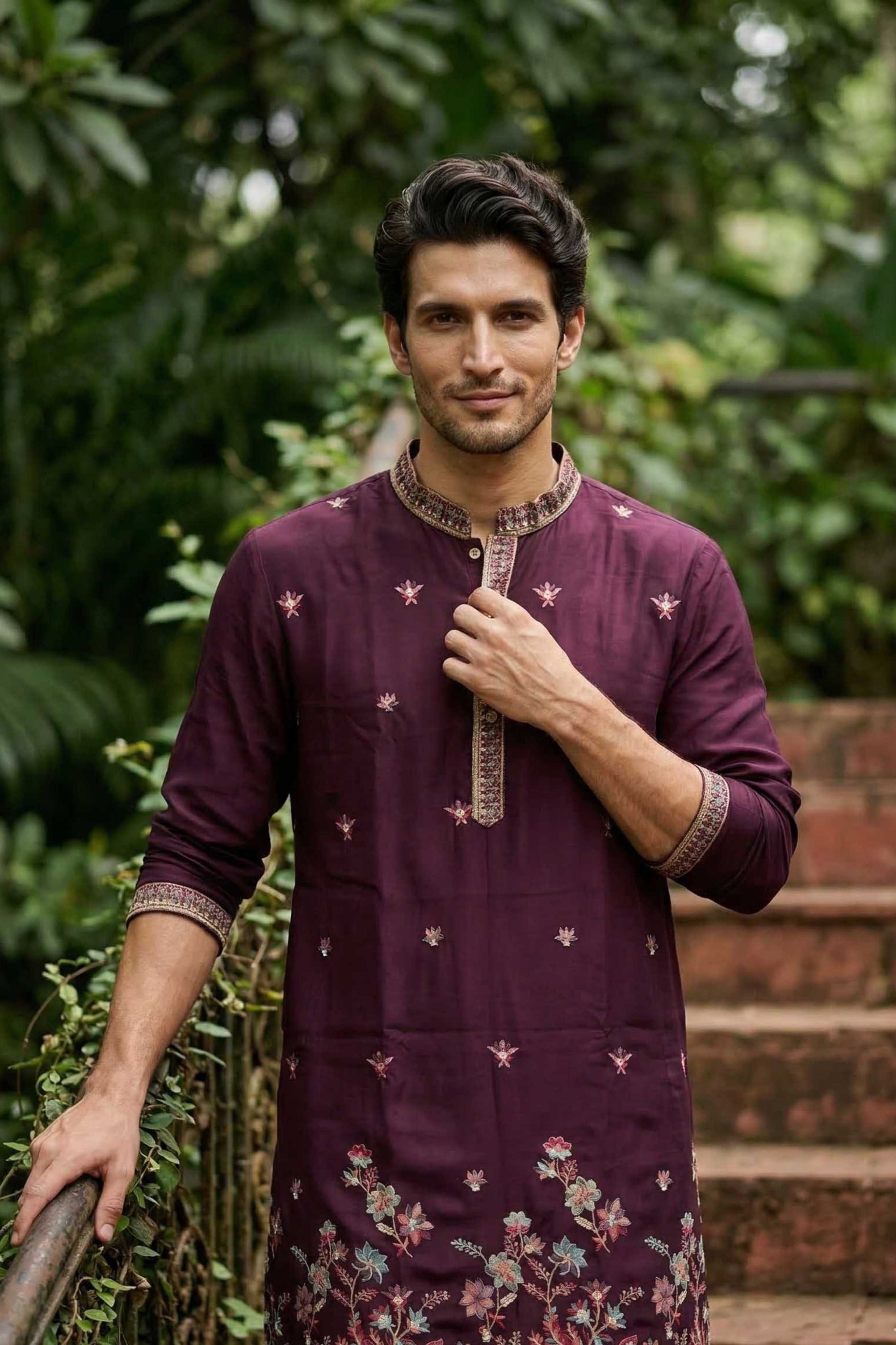 Wine Purple Designer Georgette Long Kurta with Floral Embroidery and Dupatta
