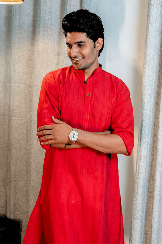 The Red Colour Long Kurta In Woven Dobby Cotton