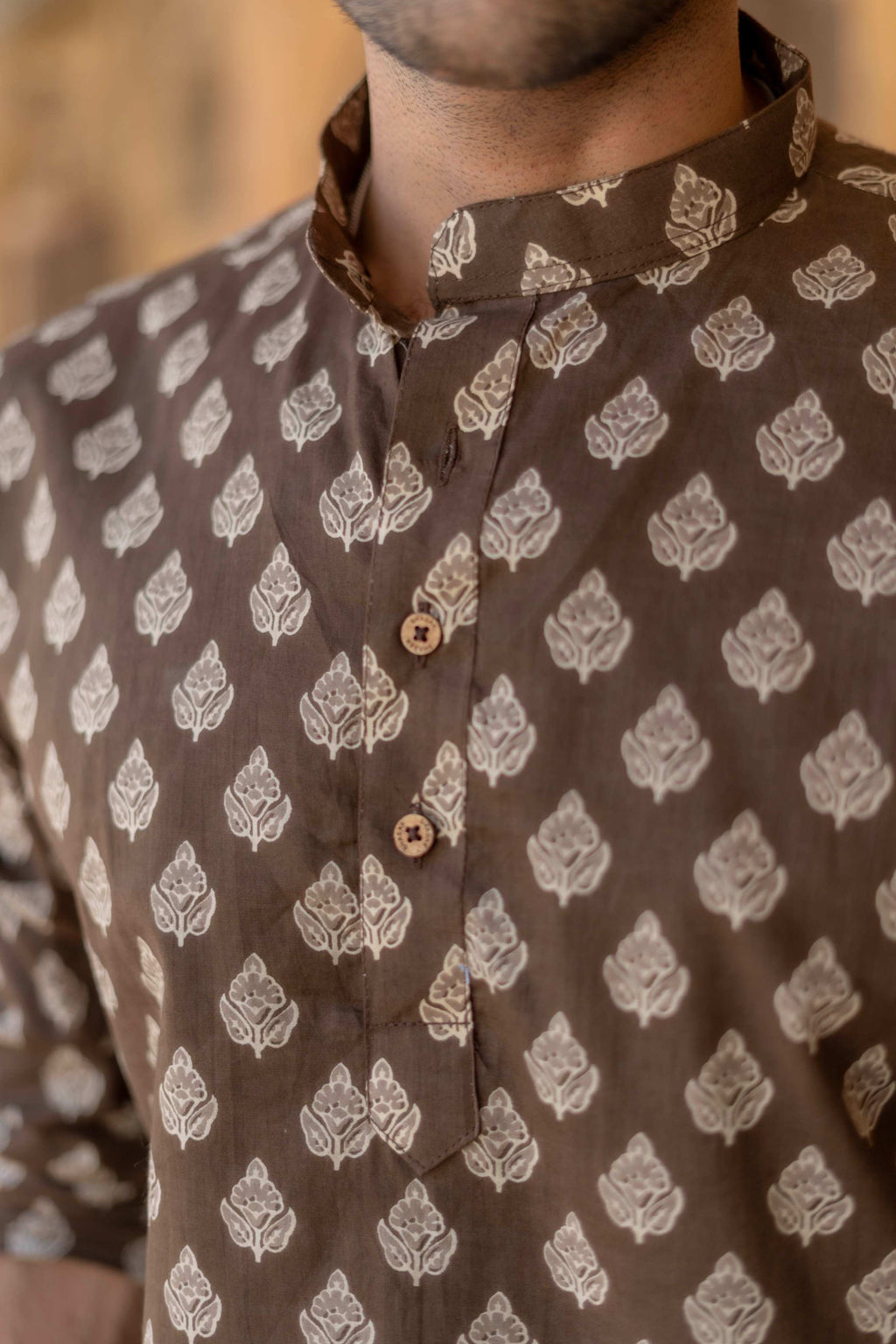 The Dark Brown Floral Motif Mid Thigh Kurta