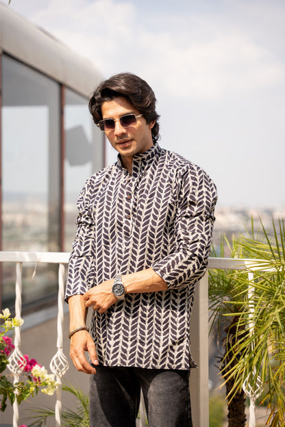 The Black Petal Stripe Print Short Kurta