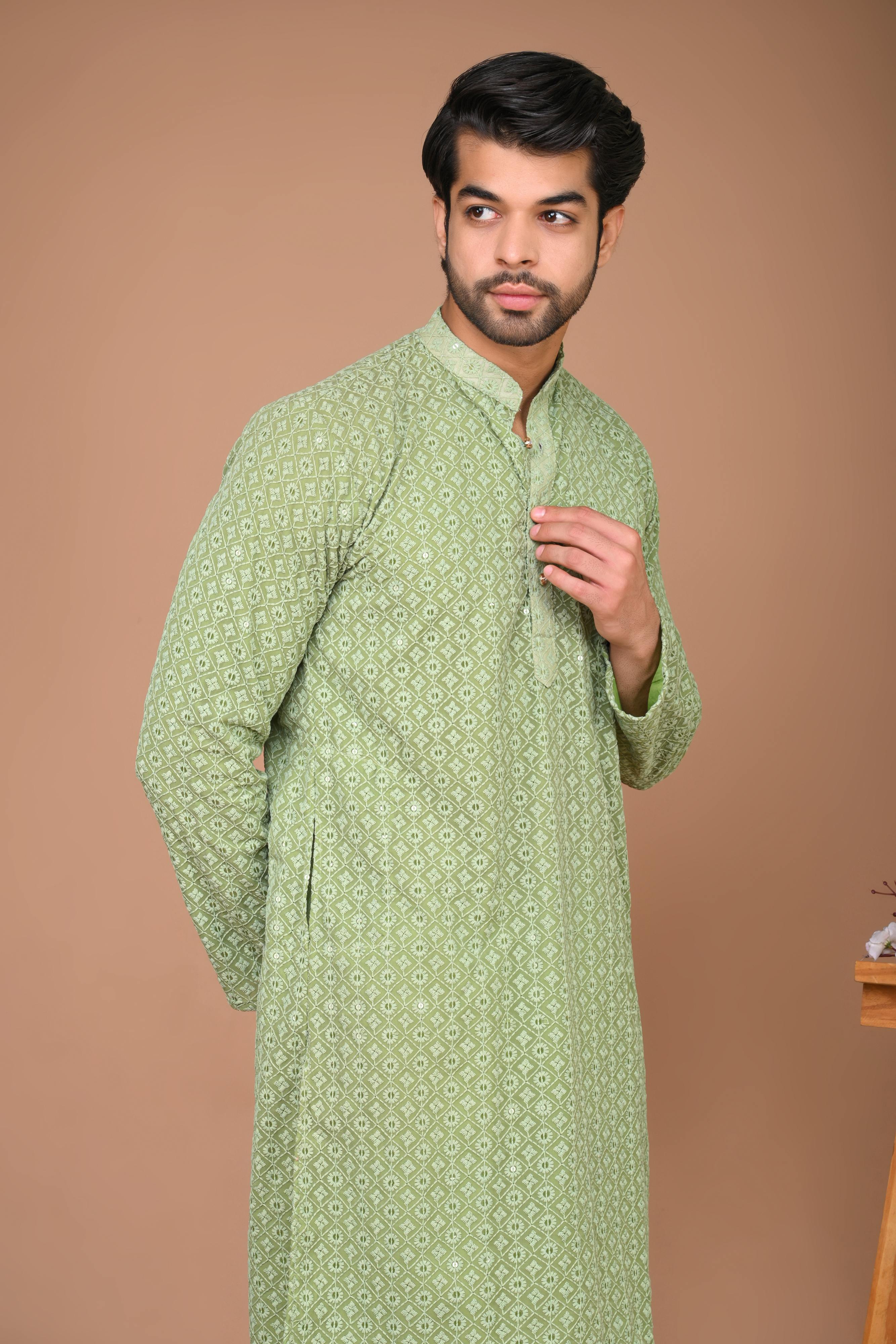 The Marine Green Chikan Kari Long kurta