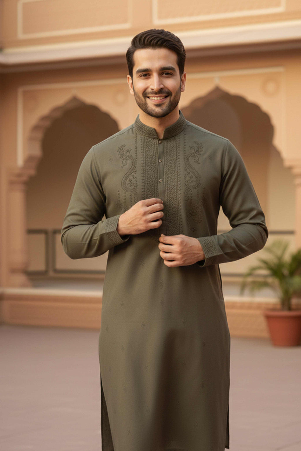 The Earthy Green Classic Heritage Embroidery Long Kurta