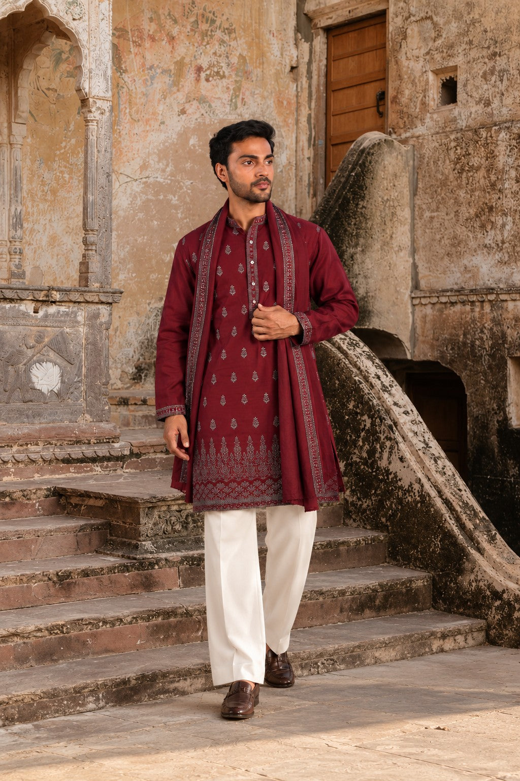 The Maroon Royal Canopy Embroidery Kurta With Dupatta
