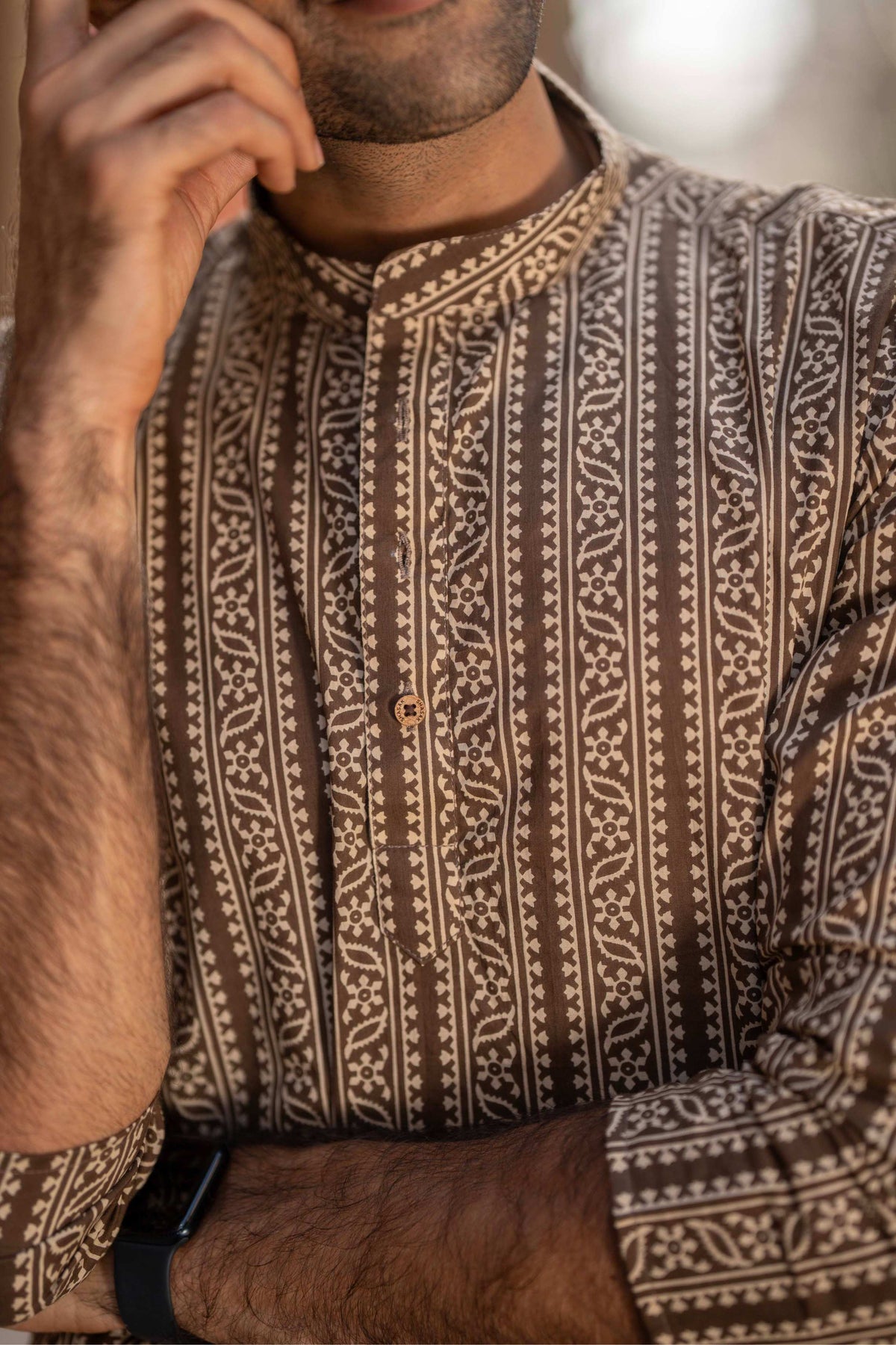 The Charcoal Tribal Stripe Mid Thigh Kurta