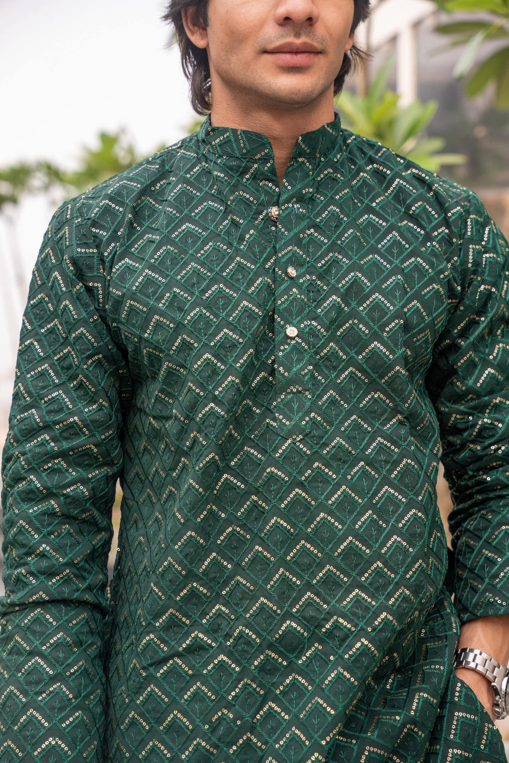 The Dark Green Long Kurta With Gemoetric Embroidery and sequins Work