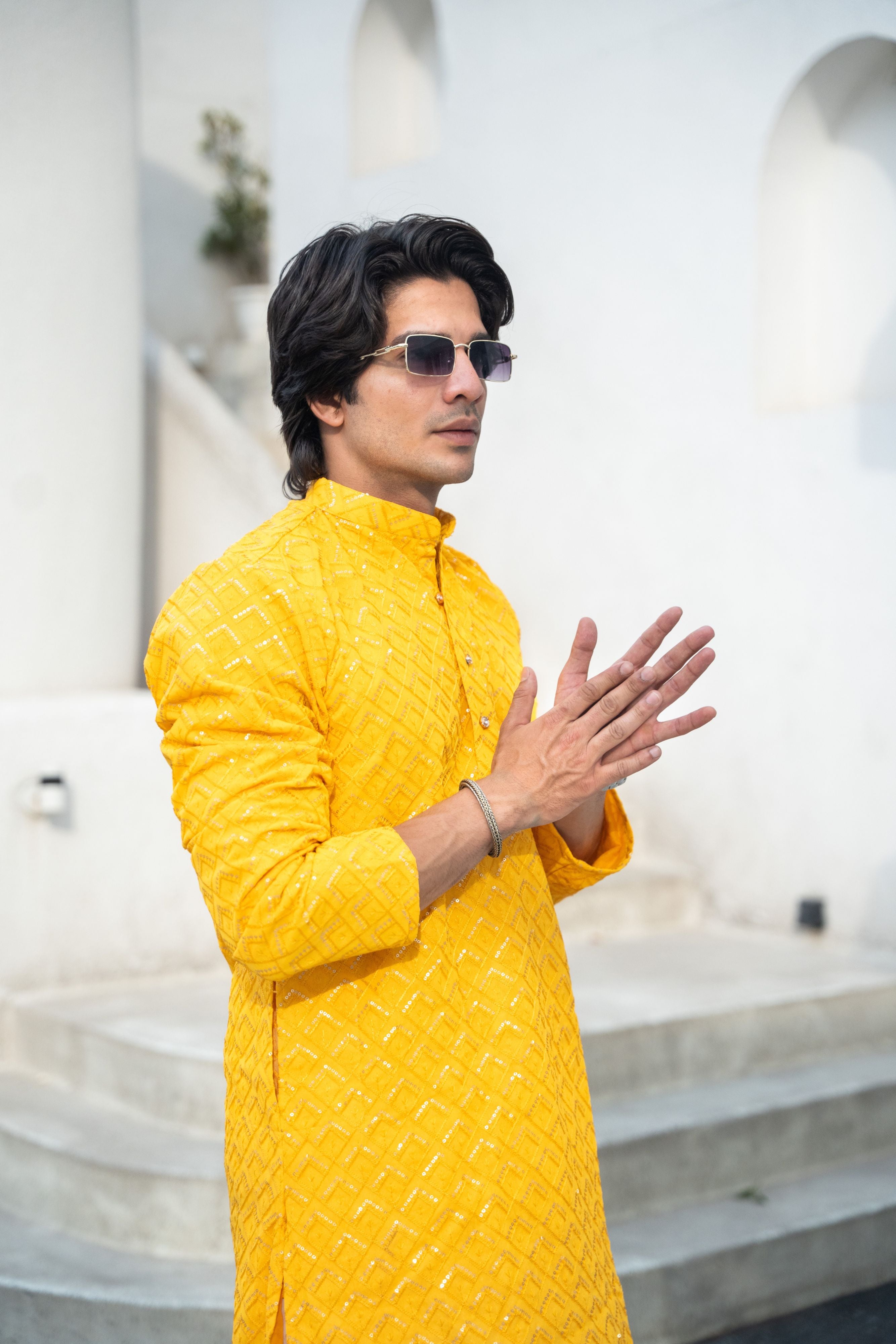 The Yellow Long Kurta With Geometric Embroidery and Sequins Work