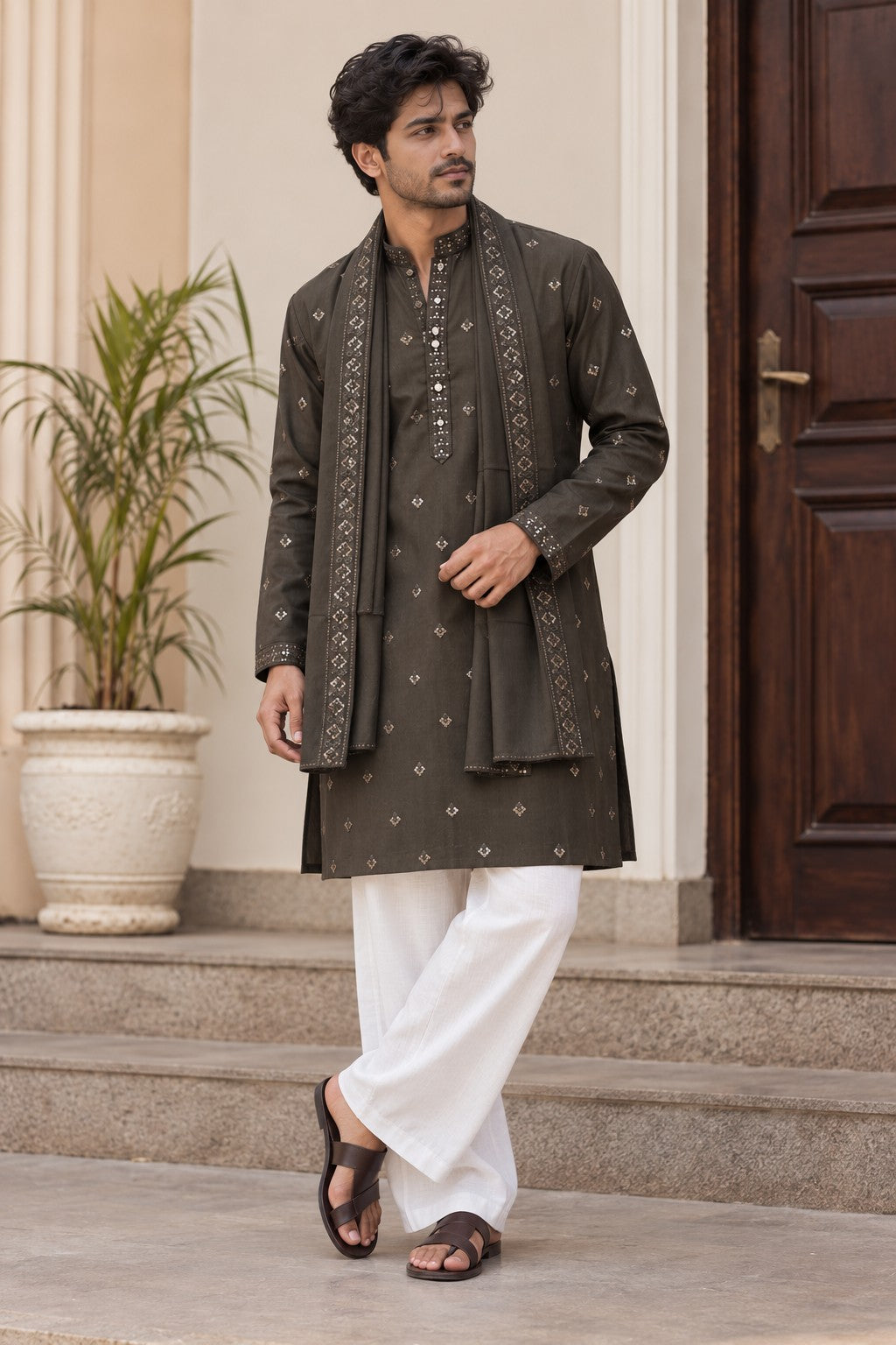 The Chocolate Brown Sequins Embroidered Long Kurta With Dupatta