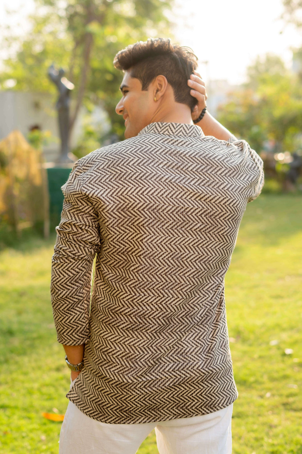 The Light Grey Kantha Work Short Kurta with Cedar Color Zig Zag Print
