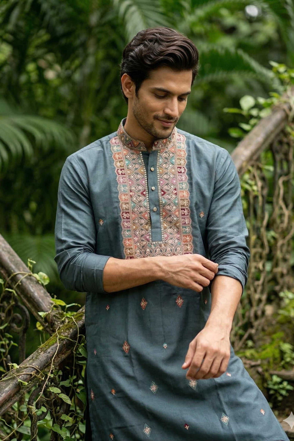 The Teal Blue Silk Blend Long Kurta with Artisanal Neck Embroidery