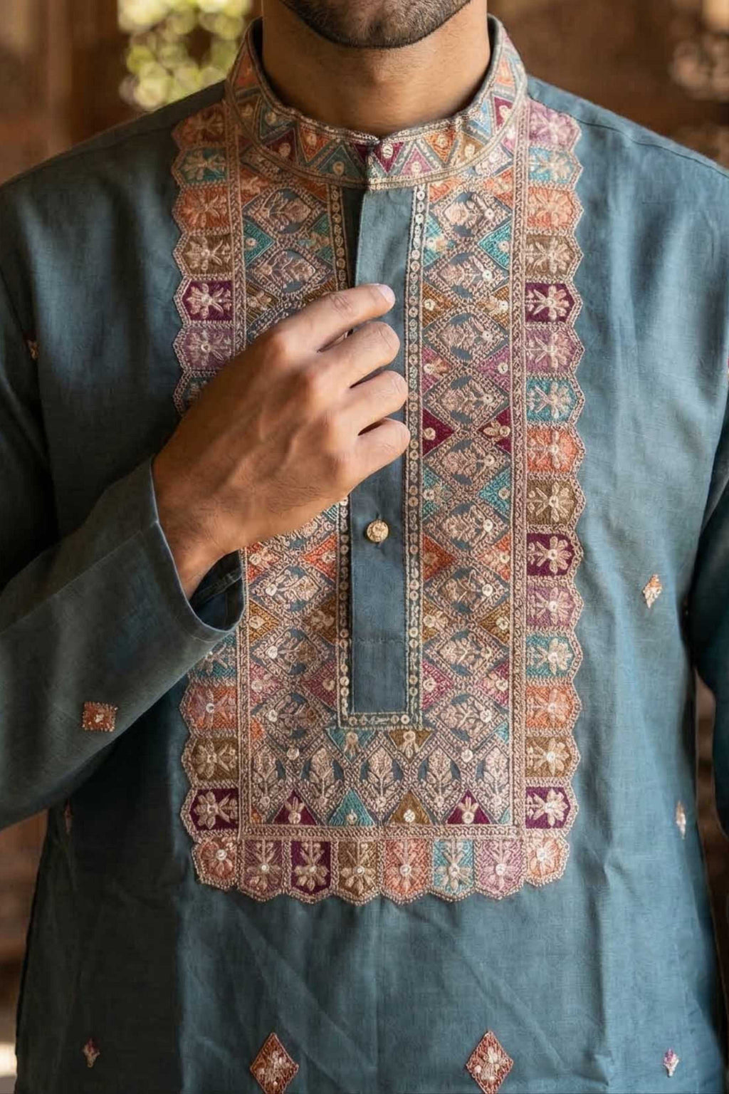 The Teal Blue Silk Blend Long Kurta with Artisanal Neck Embroidery