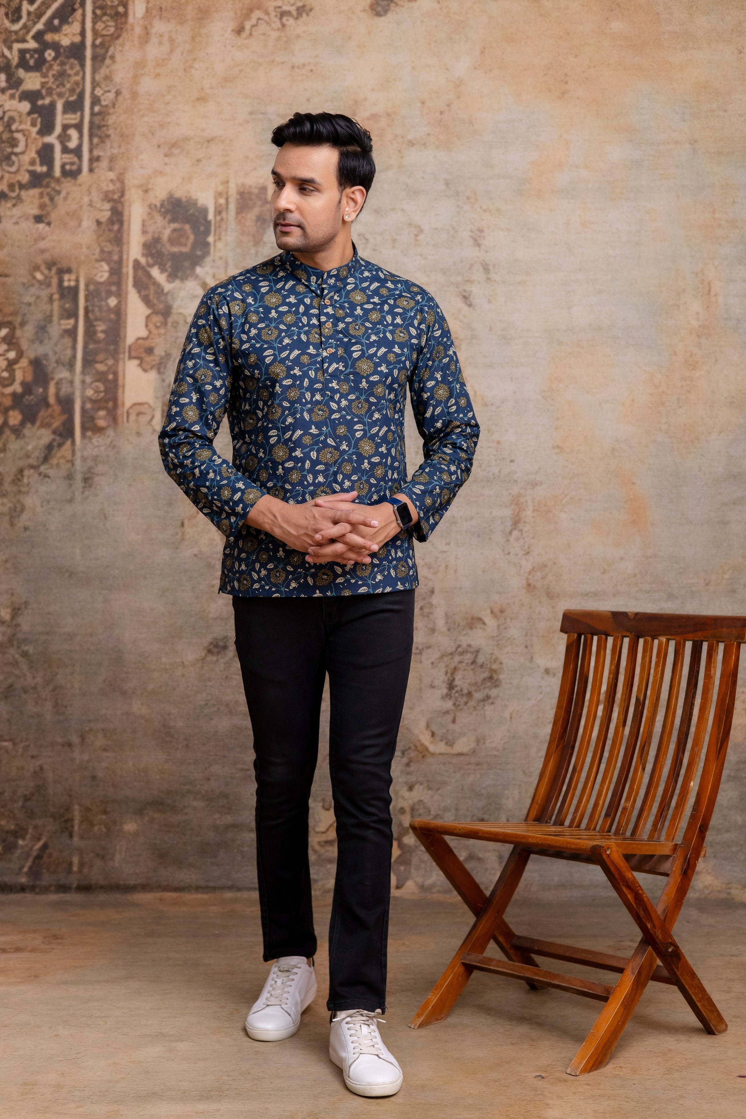The Royal Blue Floral Garden Short Kurta