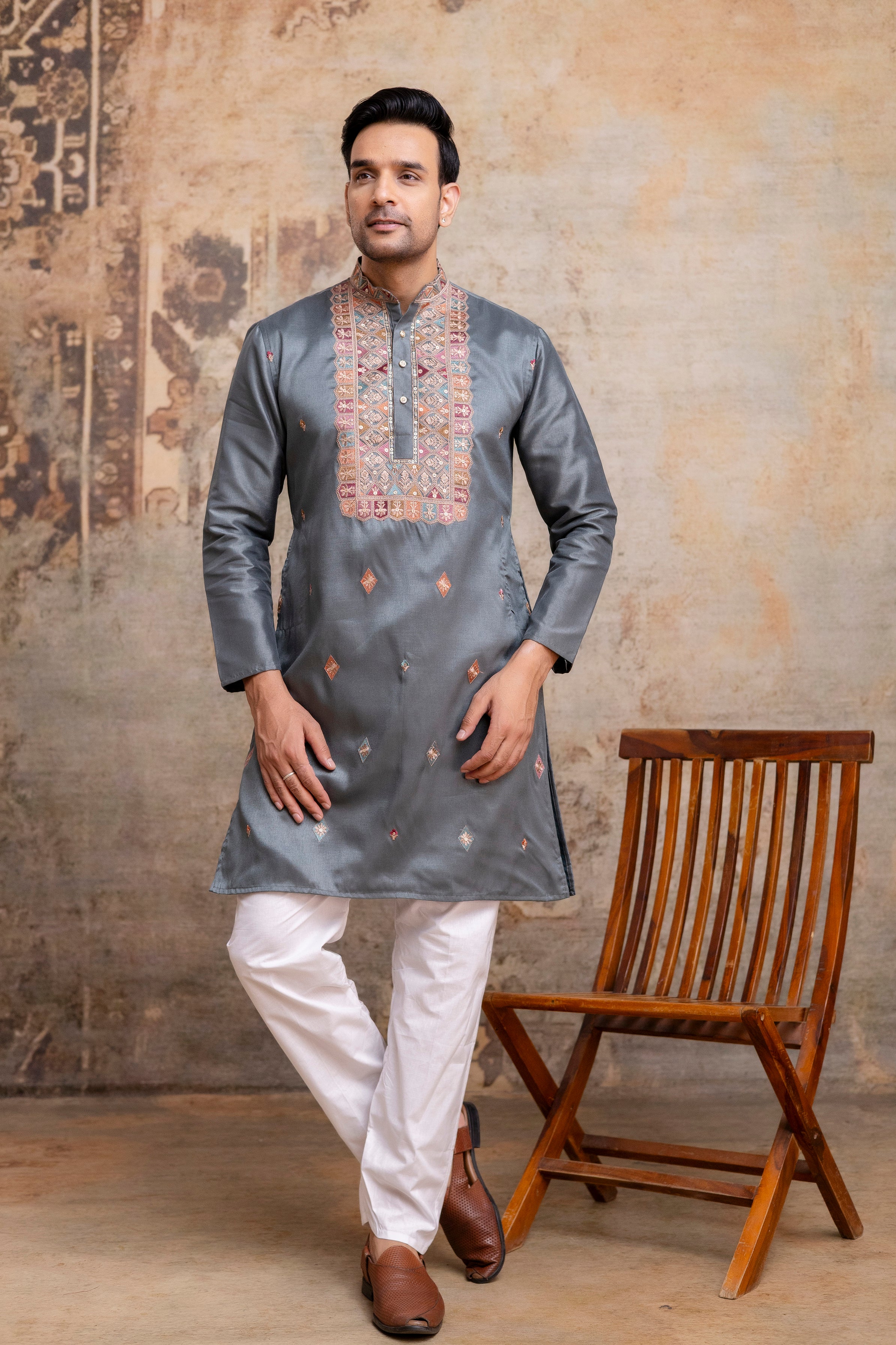 The Teal Grey Silk Blend Long Kurta with Artisanal Neck Embroidery
