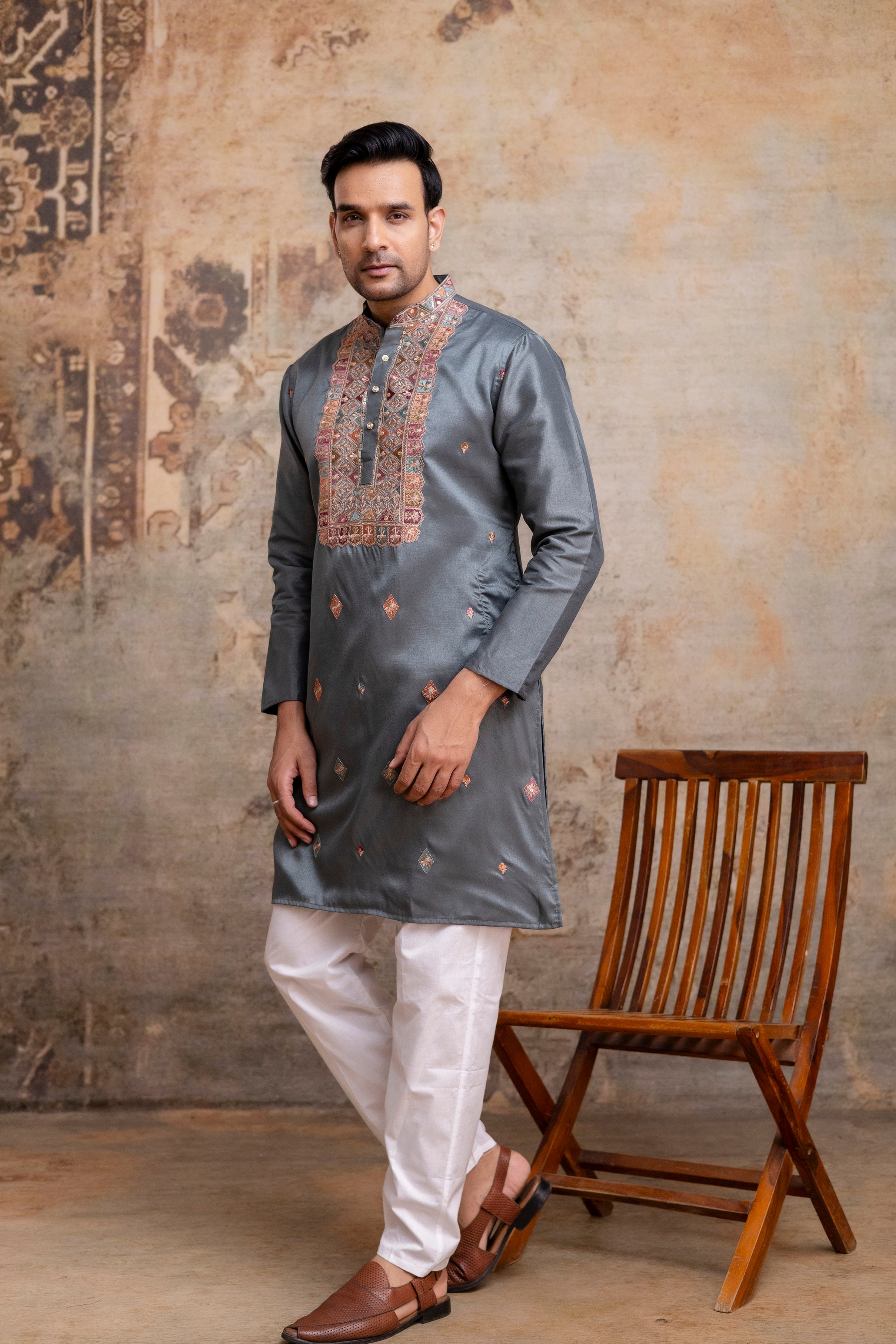 The Teal Grey Silk Blend Long Kurta with Artisanal Neck Embroidery