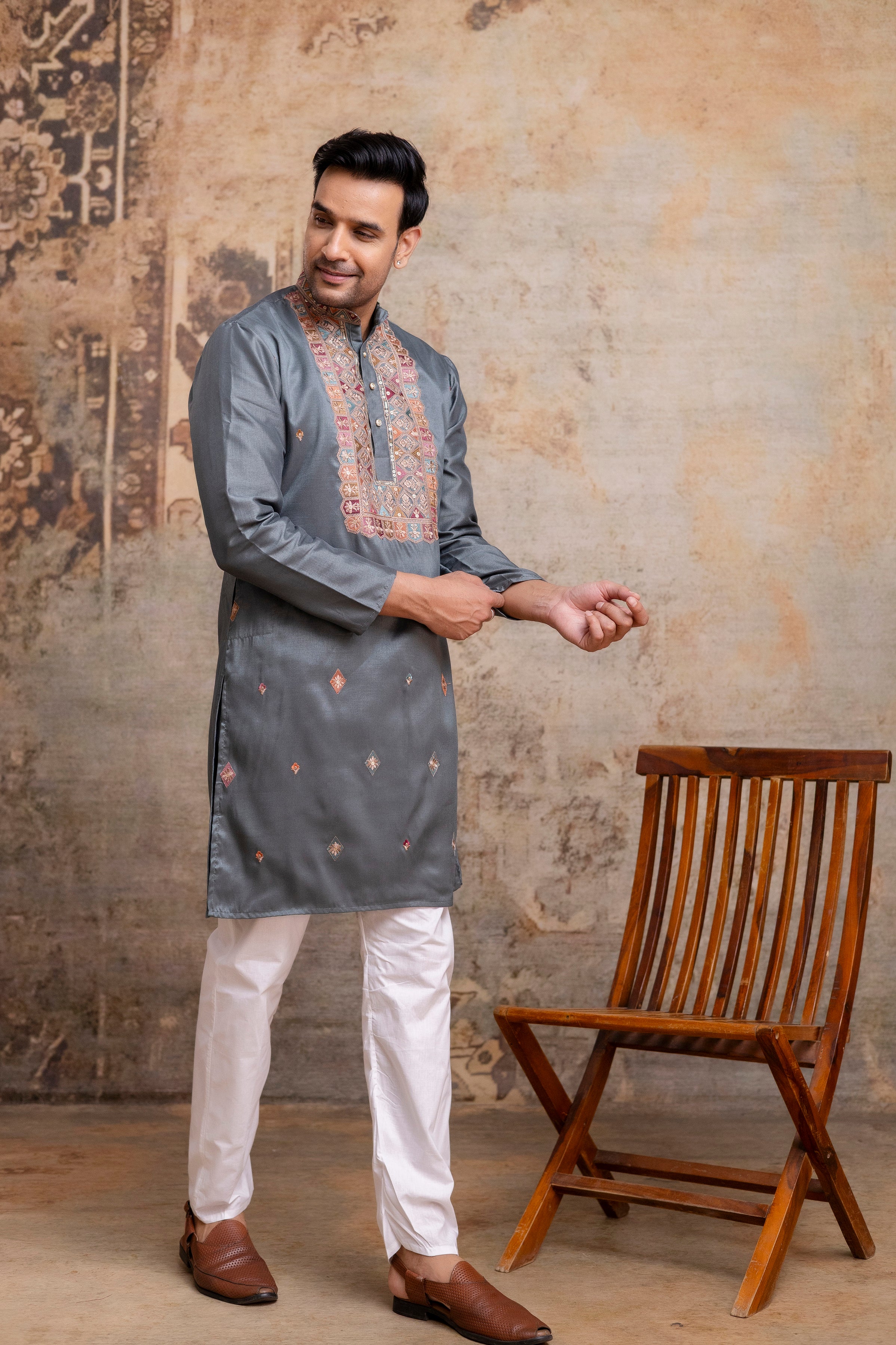 The Teal Grey Silk Blend Long Kurta with Artisanal Neck Embroidery