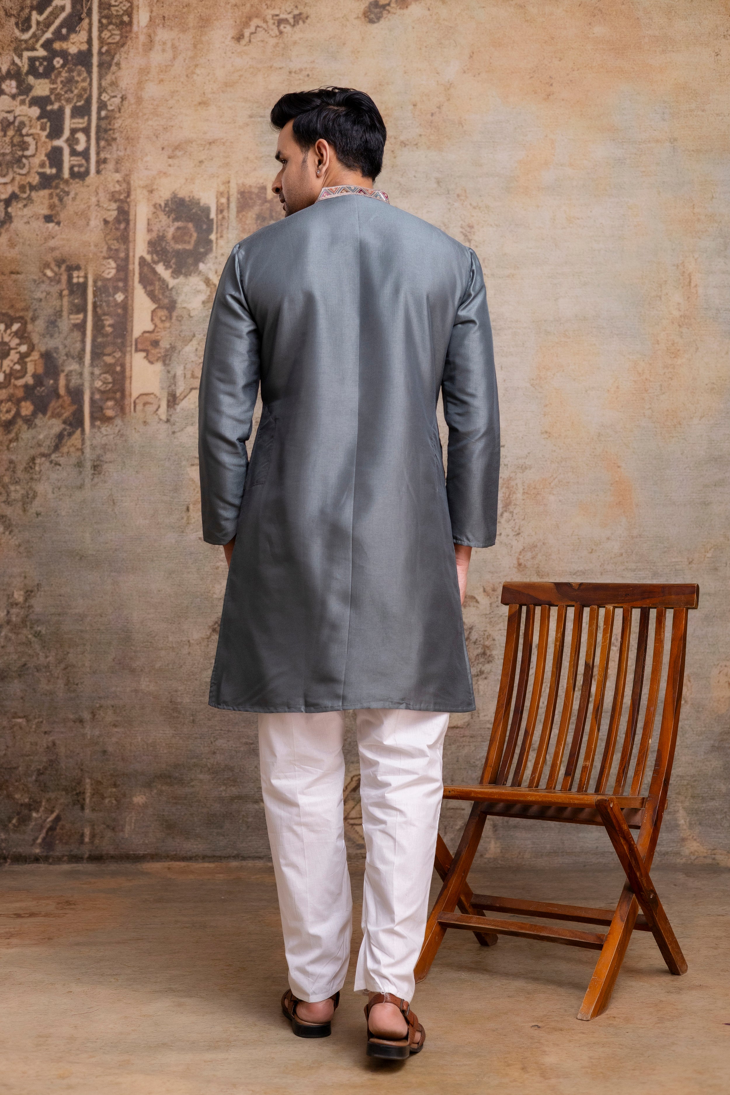 The Teal Grey Silk Blend Long Kurta with Artisanal Neck Embroidery