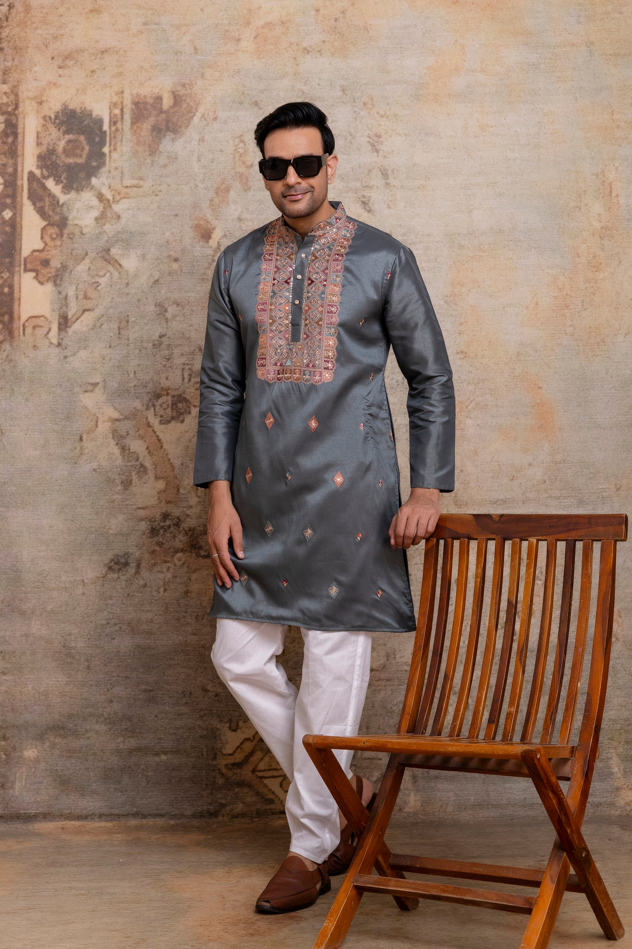 The Teal Grey Silk Blend Long Kurta with Artisanal Neck Embroidery