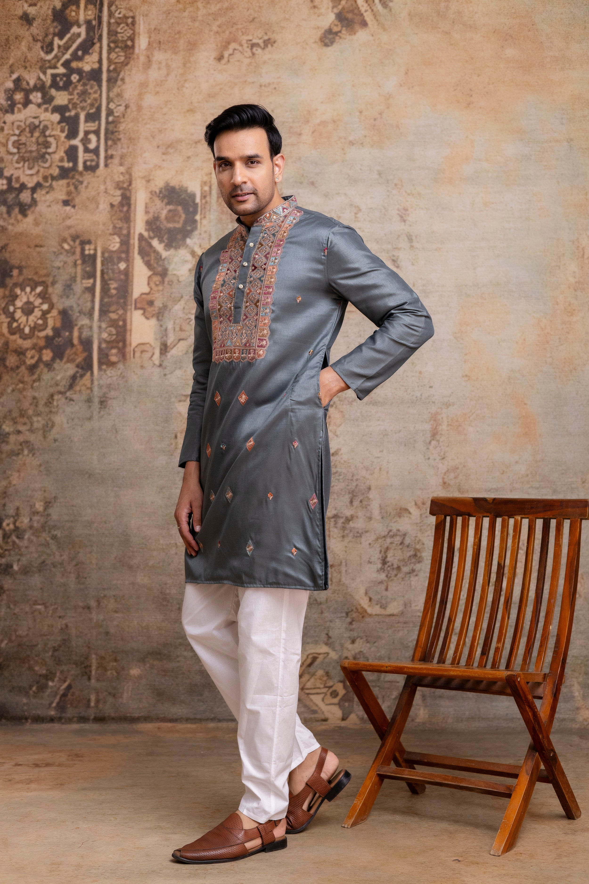 The Teal Grey Silk Blend Long Kurta with Artisanal Neck Embroidery