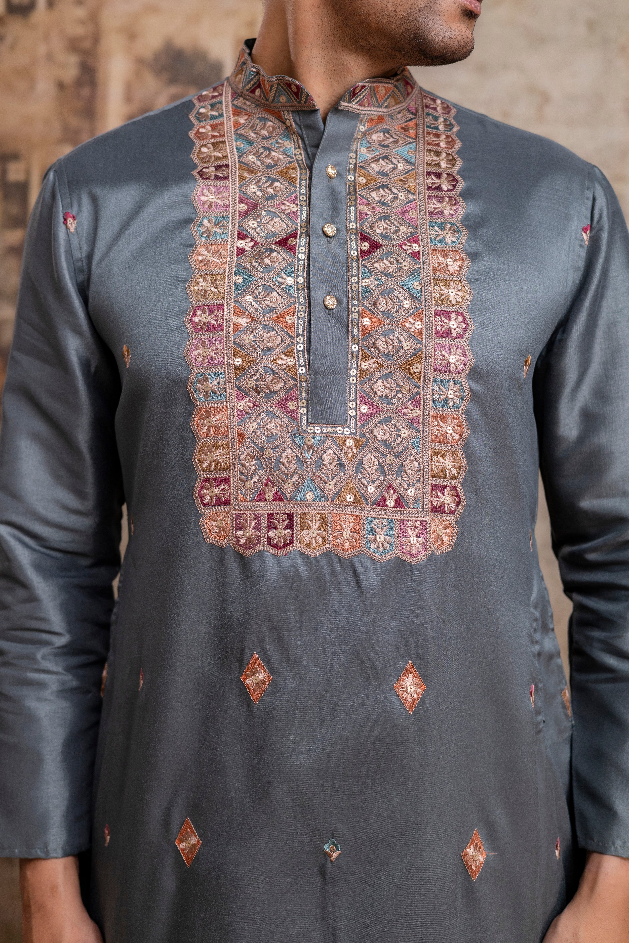 The Teal Grey Silk Blend Long Kurta with Artisanal Neck Embroidery