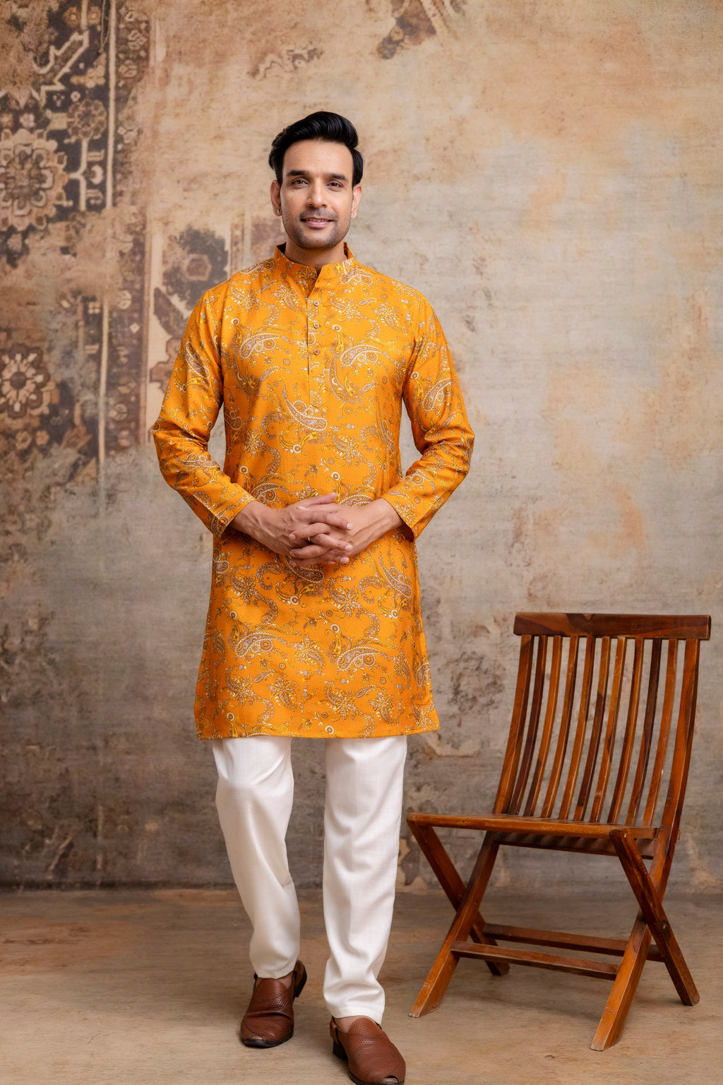 The Mustard Paisley Foil Print Long Kurta