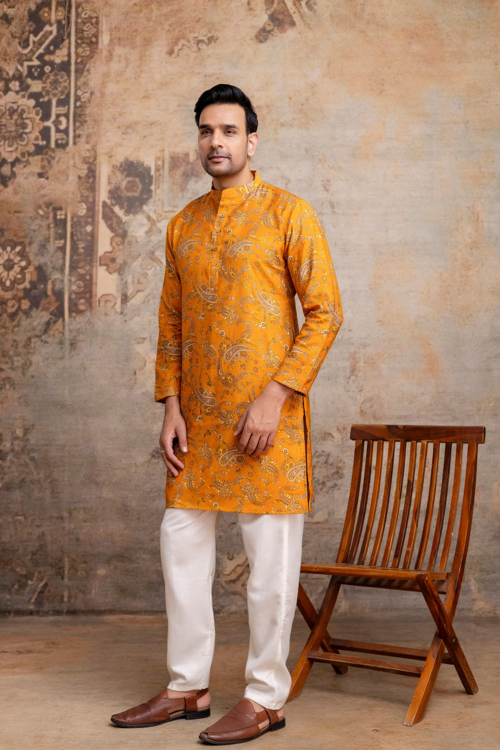 The Mustard Paisley Foil Print Long Kurta