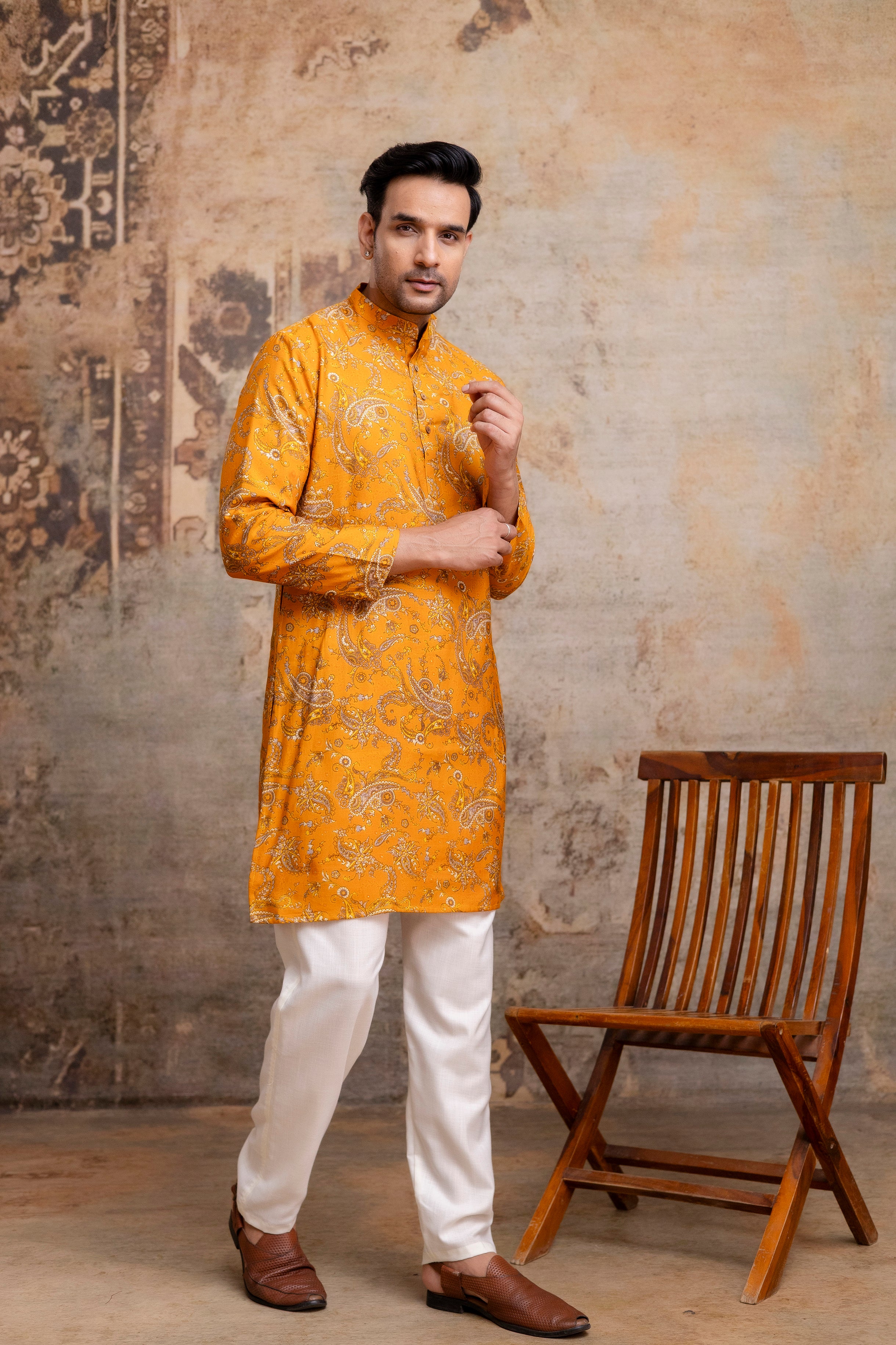 The Mustard Colour Paisley Foil Print Long Kurta