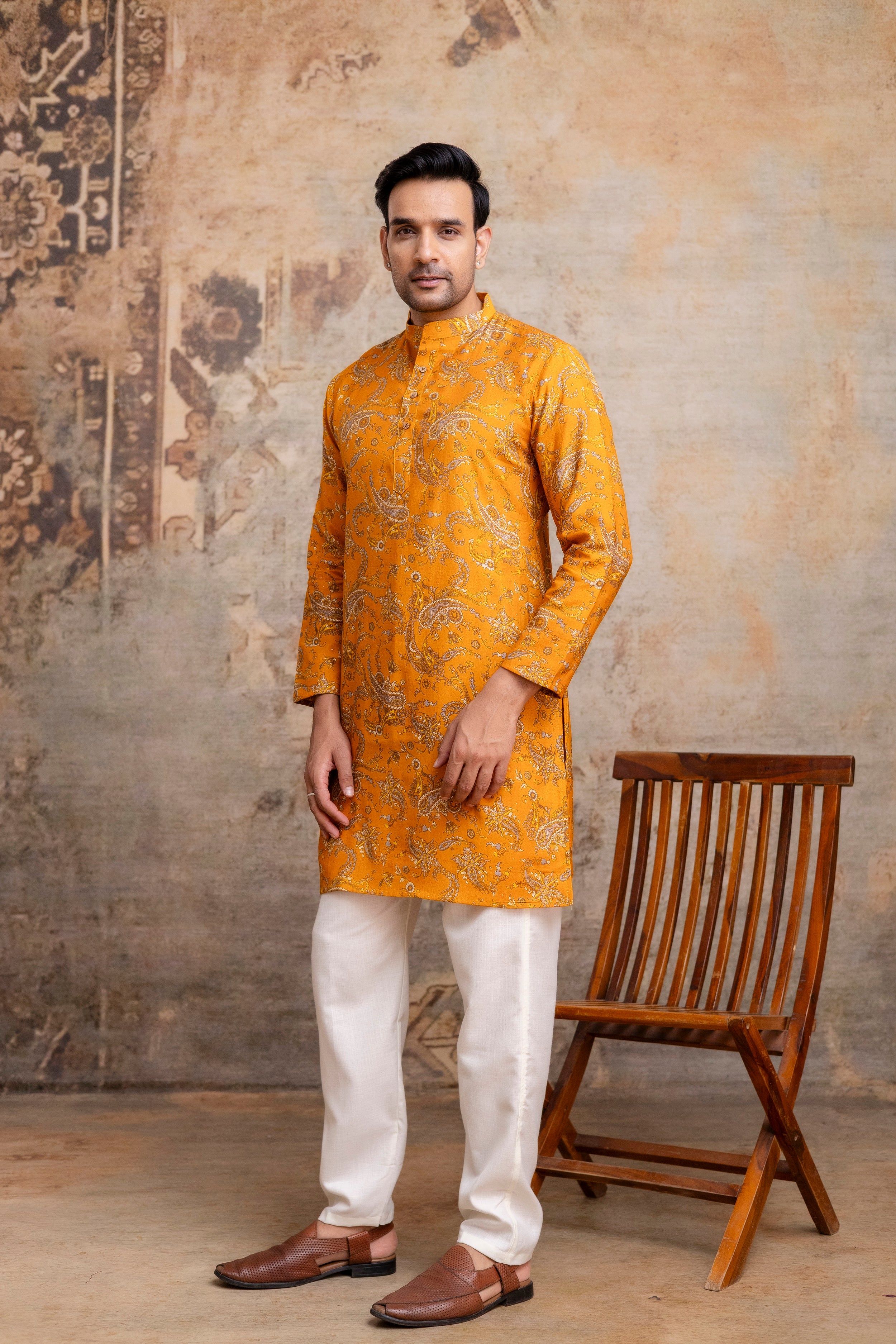 The Mustard Colour Paisley Foil Print Long Kurta