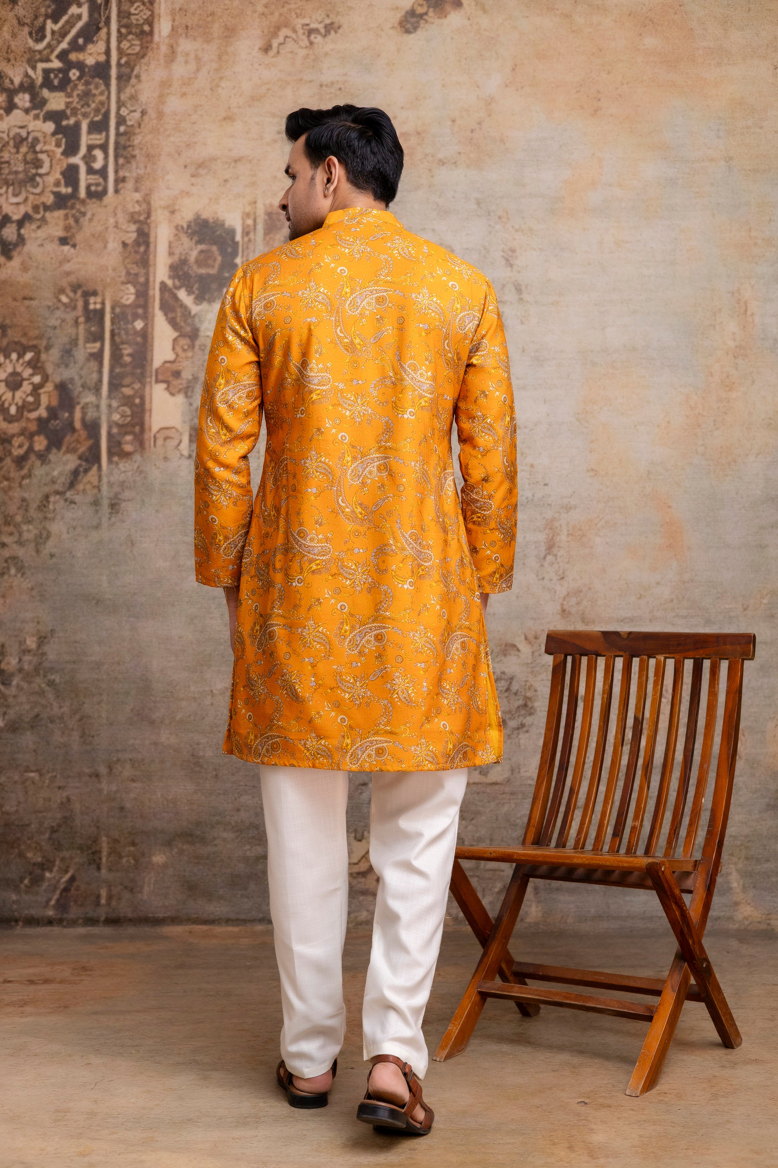 The Mustard Colour Paisley Foil Print Long Kurta