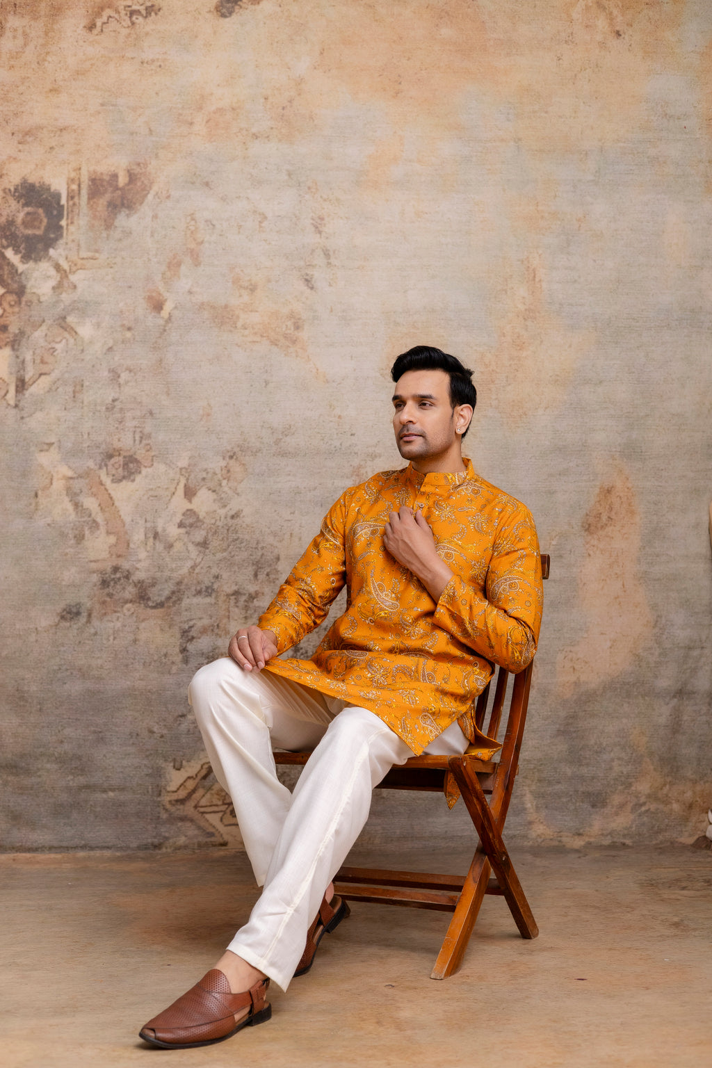 The Mustard Colour Paisley Foil Print Long Kurta