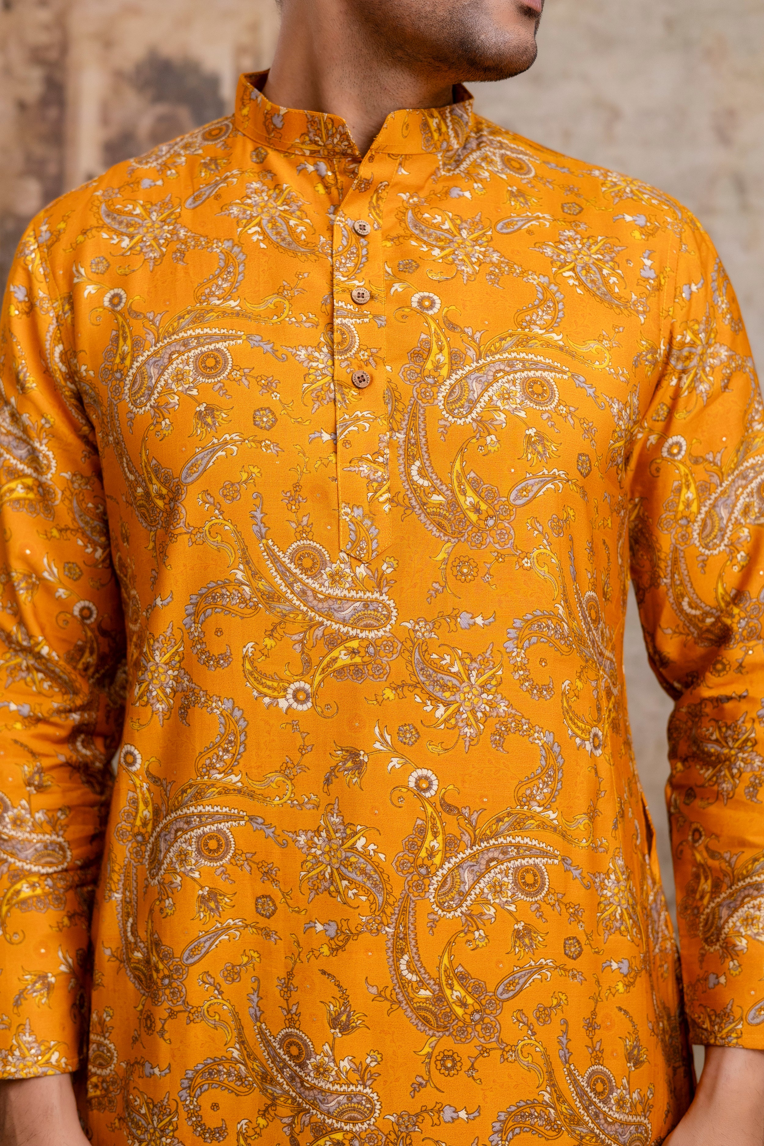 The Mustard Colour Paisley Foil Print Long Kurta