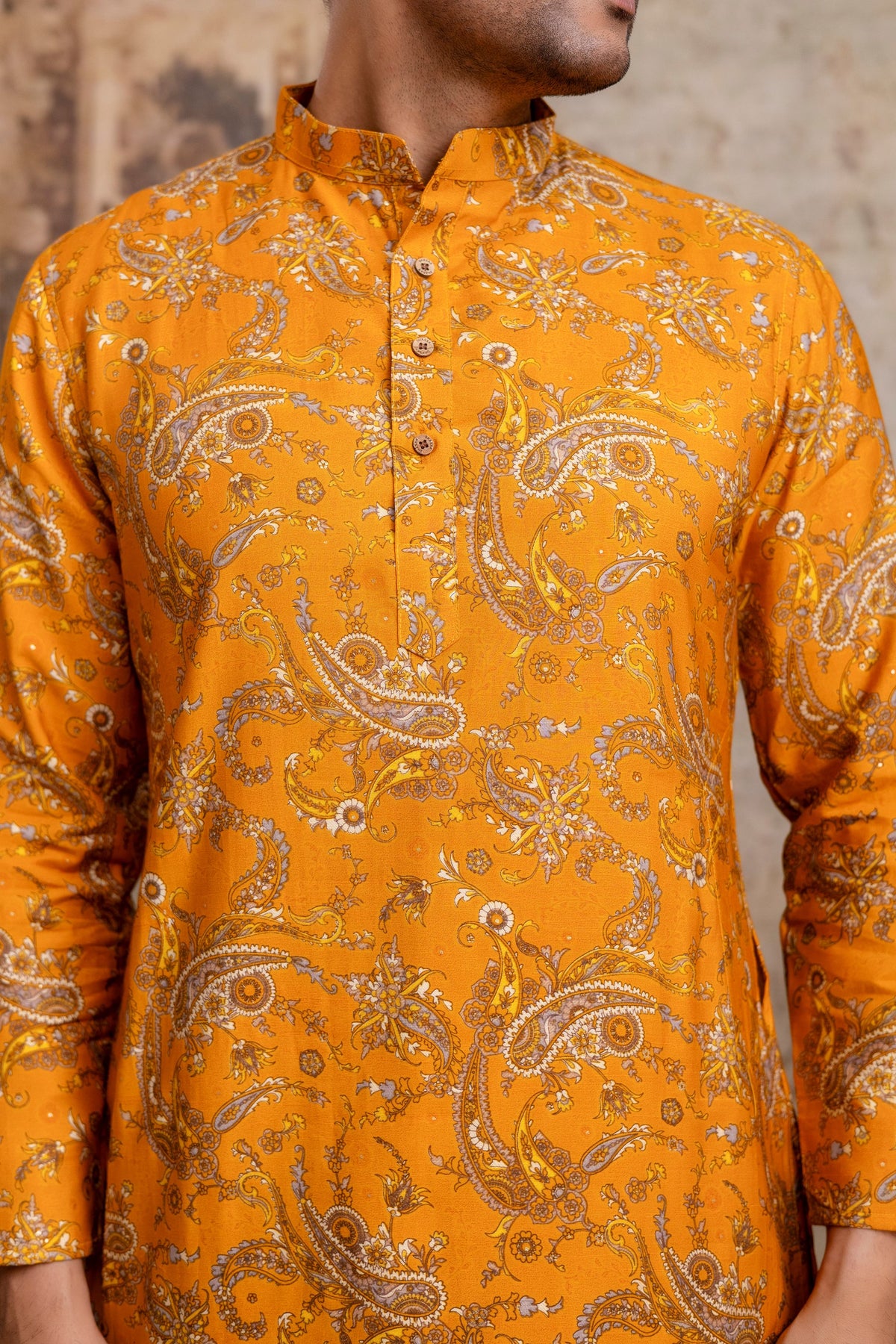 The Mustard Paisley Foil Print Long Kurta
