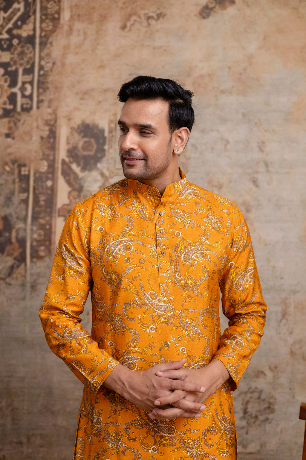 The Mustard Colour Paisley Foil Print Long Kurta