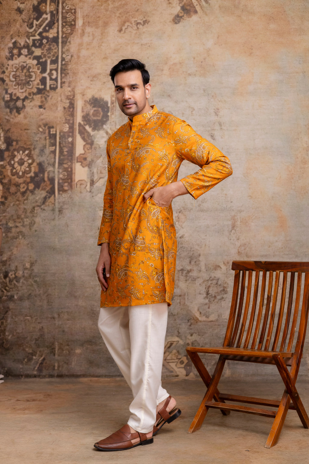 The Mustard Colour Paisley Foil Print Long Kurta